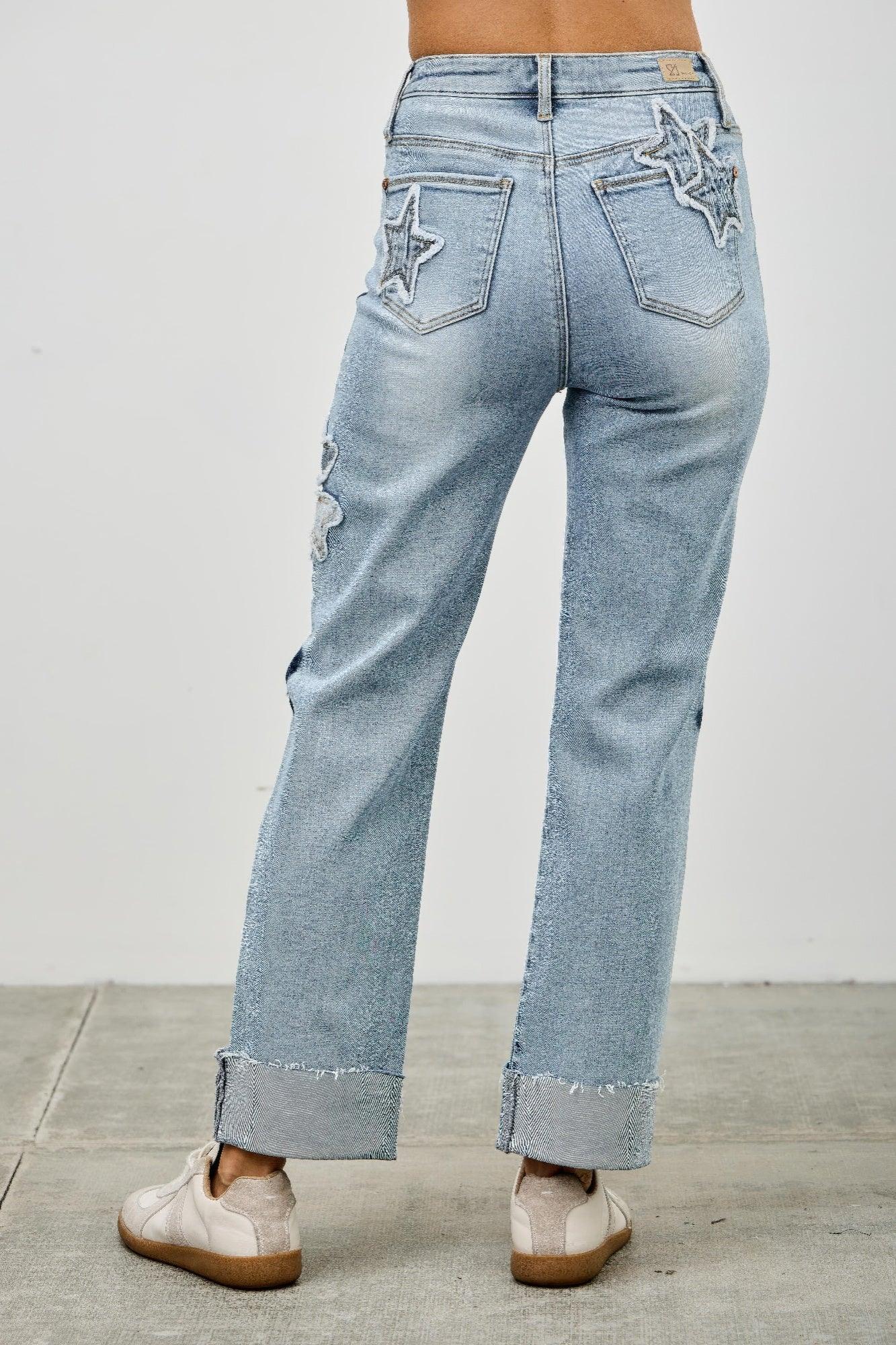 High Rise Star & Heart Patched Dad Jean W/stretch | Mixtshop LLC