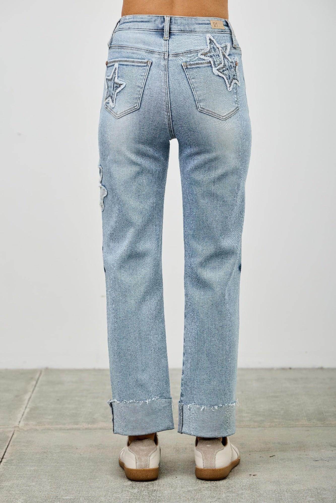 High Rise Star & Heart Patched Dad Jean W/stretch | Mixtshop LLC