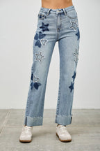 High Rise Star & Heart Patched Dad Jean W/stretch | Mixtshop LLC