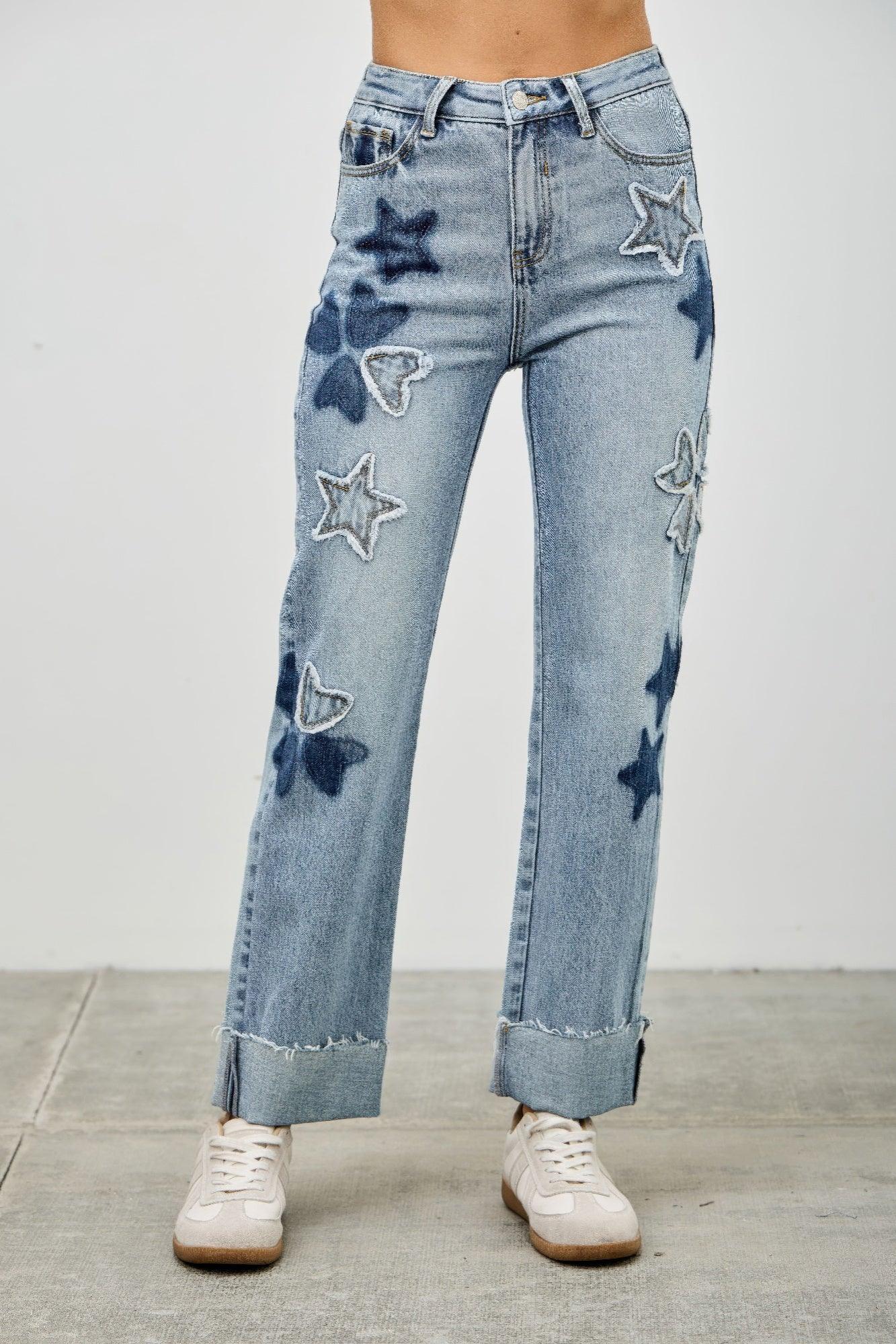 High Rise Star & Heart Patched Dad Jean W/stretch | Mixtshop LLC