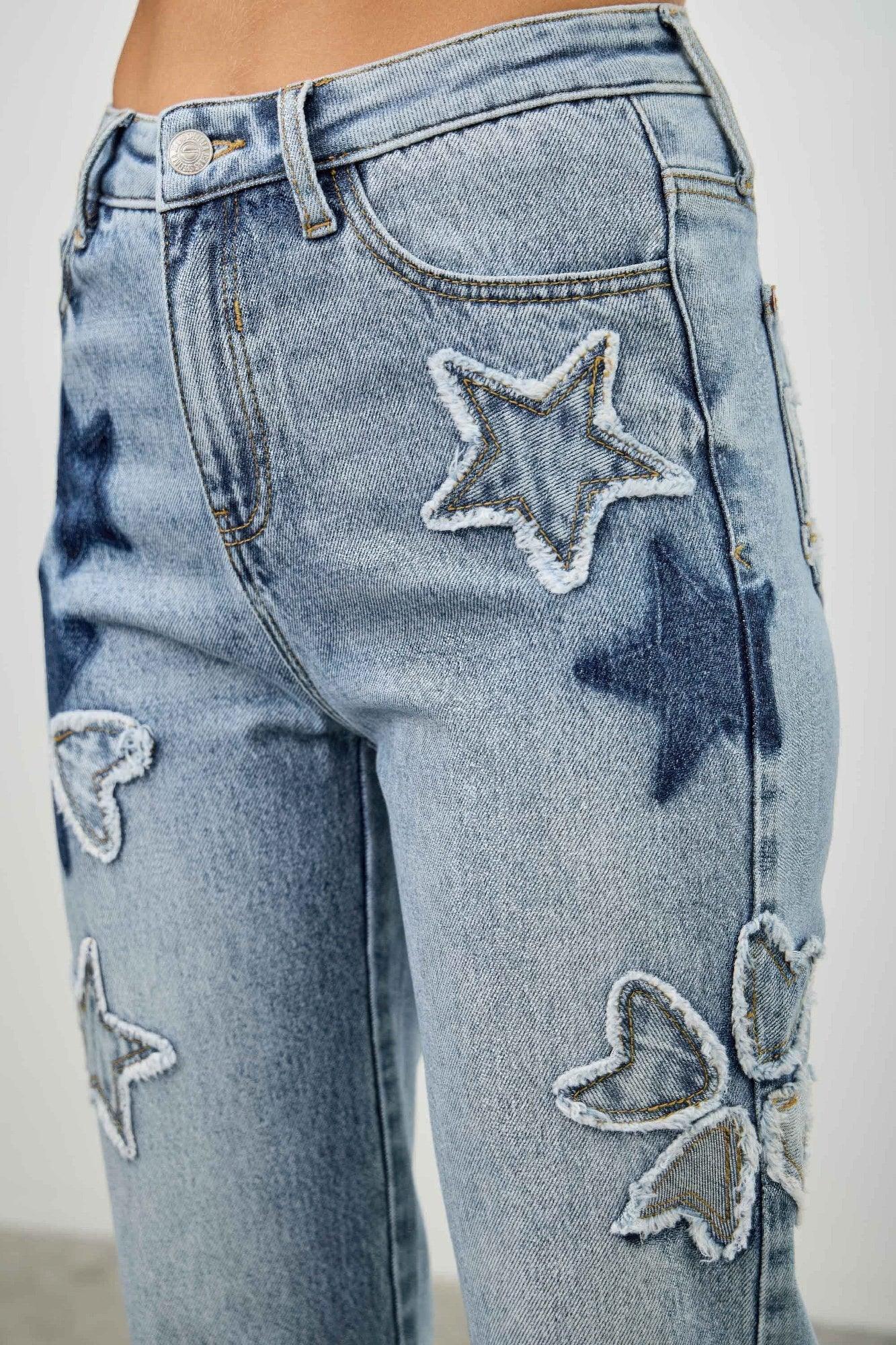 High Rise Star & Heart Patched Dad Jean W/stretch | Mixtshop LLC