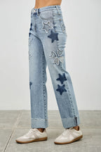 High Rise Star & Heart Patched Dad Jean W/stretch | Mixtshop LLC