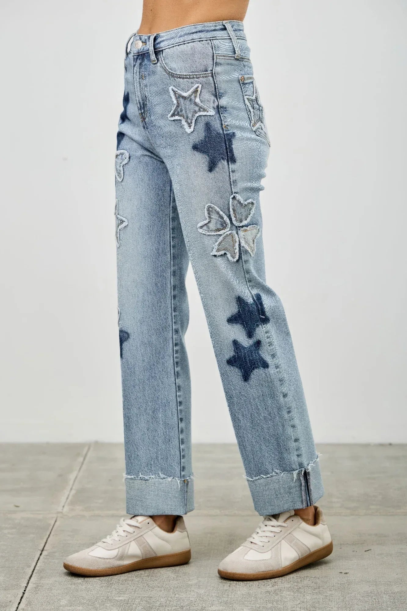 High Rise Star & Heart Patched Dad Jean W/stretch | Mixtshop LLC