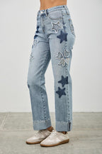 High Rise Star & Heart Patched Dad Jean W/stretch | Mixtshop LLC