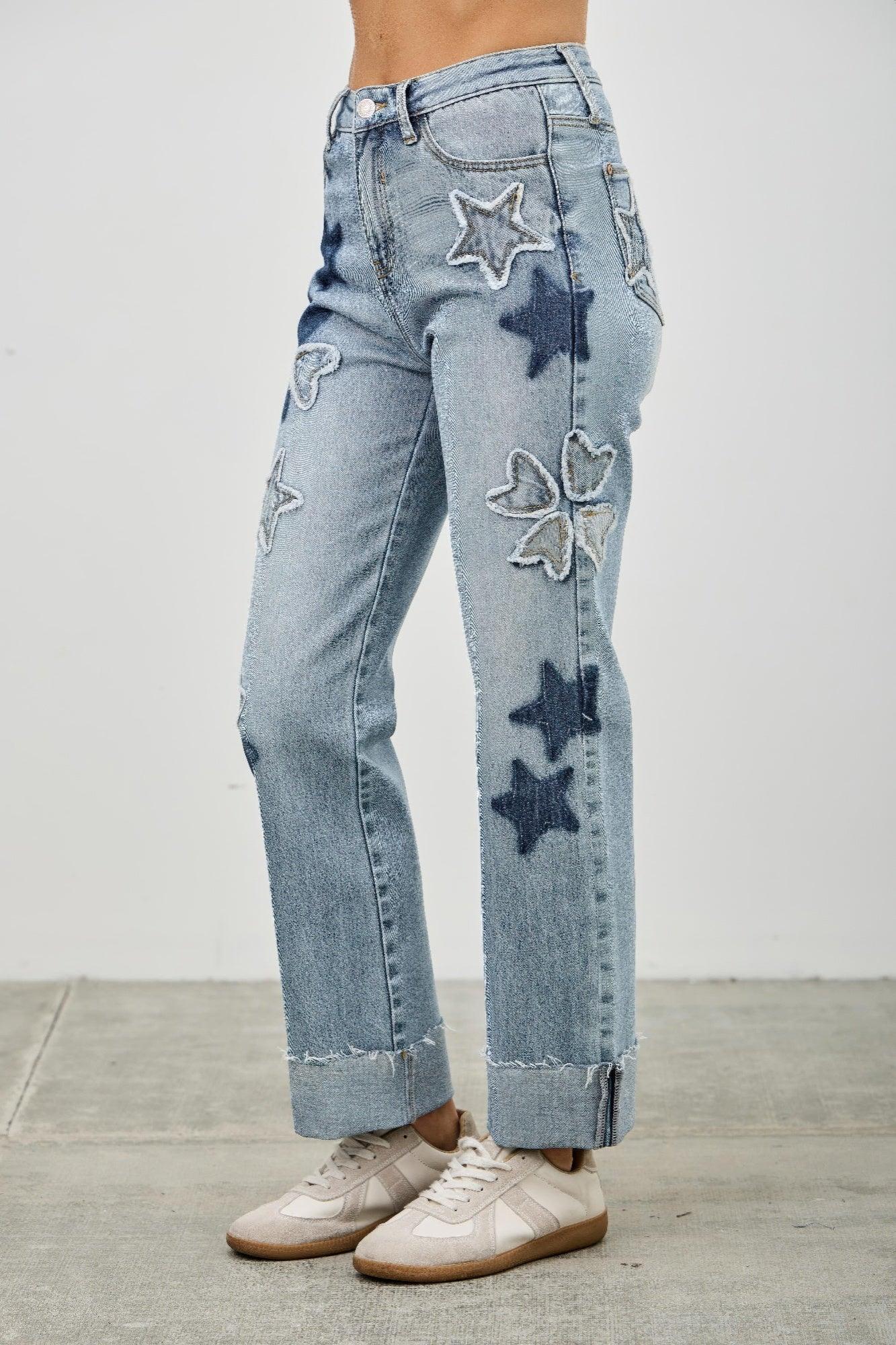 High Rise Star & Heart Patched Dad Jean W/stretch | Mixtshop LLC