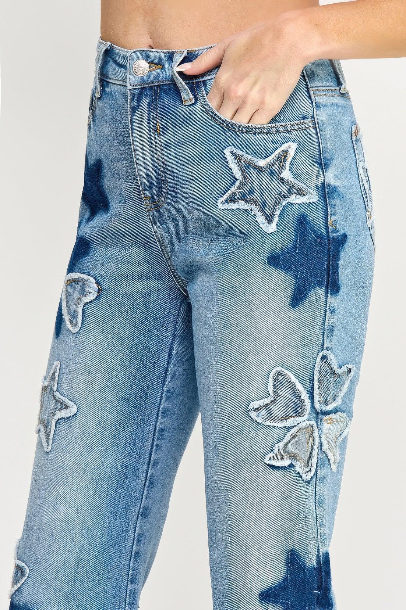 High Rise Star & Heart Patched Dad Jean W/stretch | Mixtshop LLC