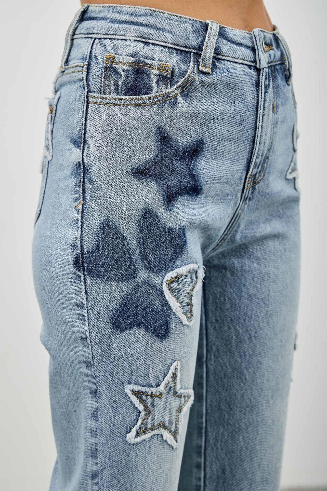 High Rise Star & Heart Patched Dad Jean W/stretch | Mixtshop LLC