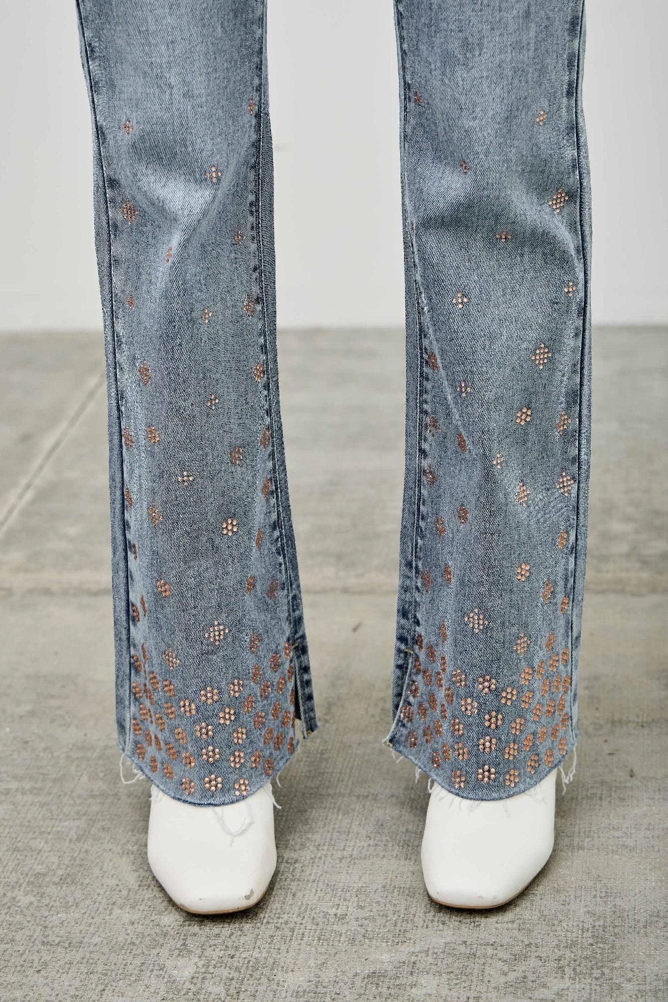 High Rise Kick Flare With Rhinestone | Mixtshop LLC