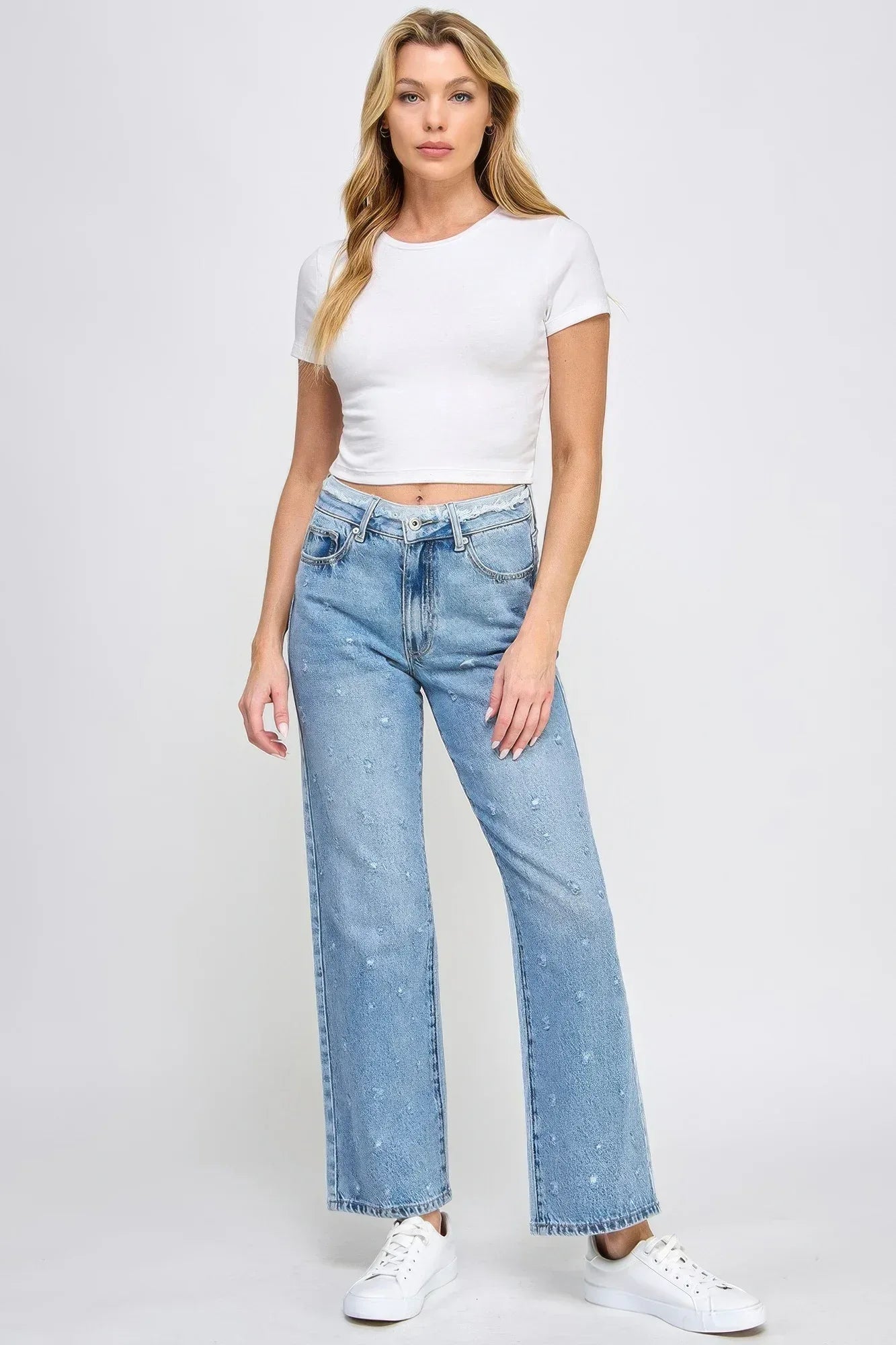 High Rise Dad Jeans W/ Fringe Waistband Detail Secondary image