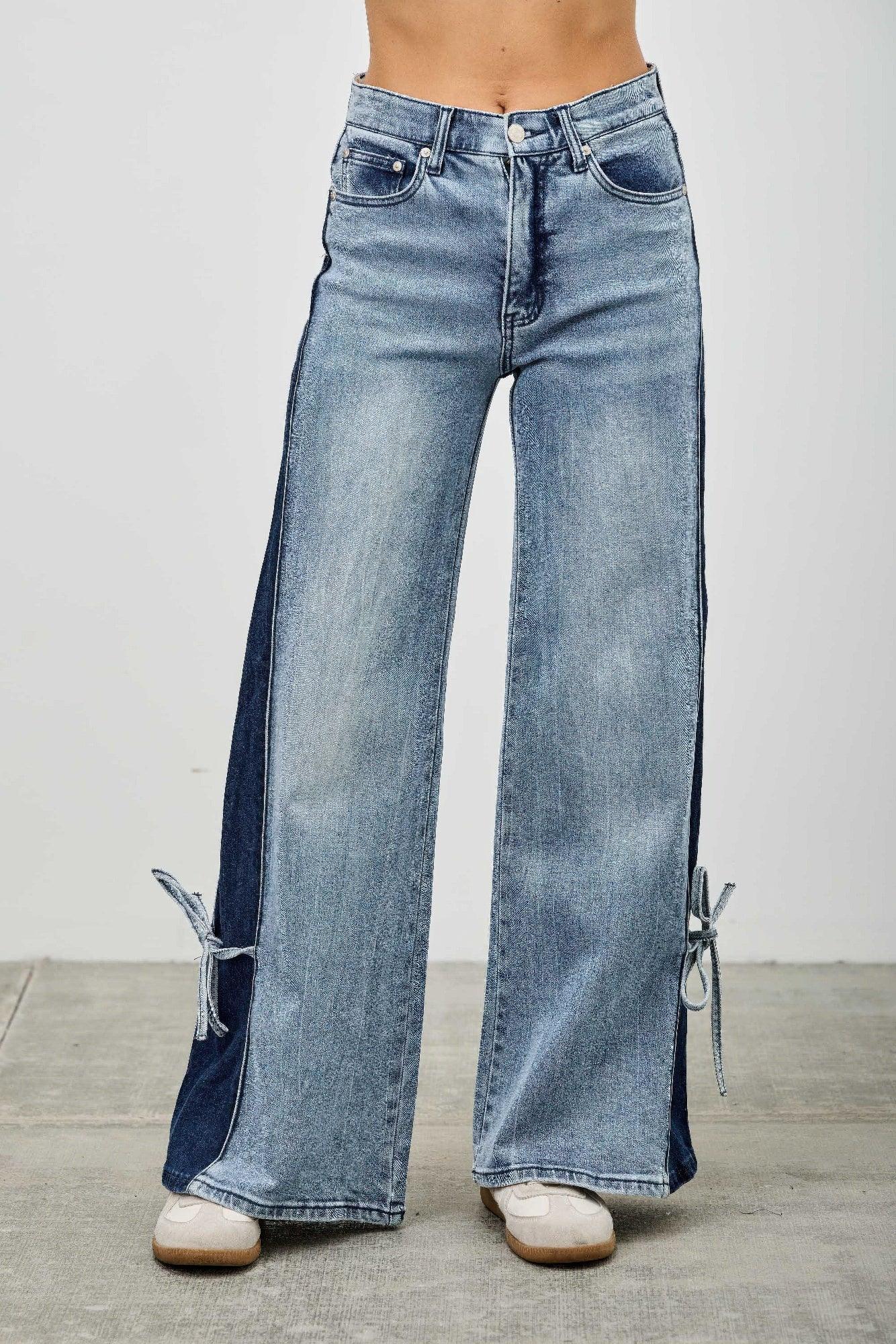 High Rise Contrast Wide Leg With Ribbon Tie | Mixtshop LLC