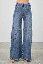 High Rise Star Pull On Knit Denim With Wide Leg | Mixtshop LLC