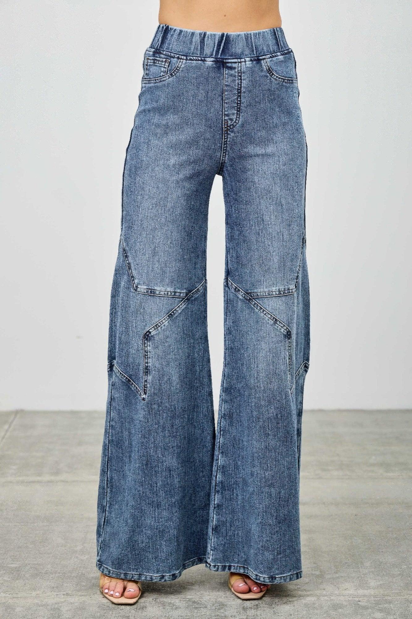 High Rise Star Pull On Knit Denim With Wide Leg | Mixtshop LLC