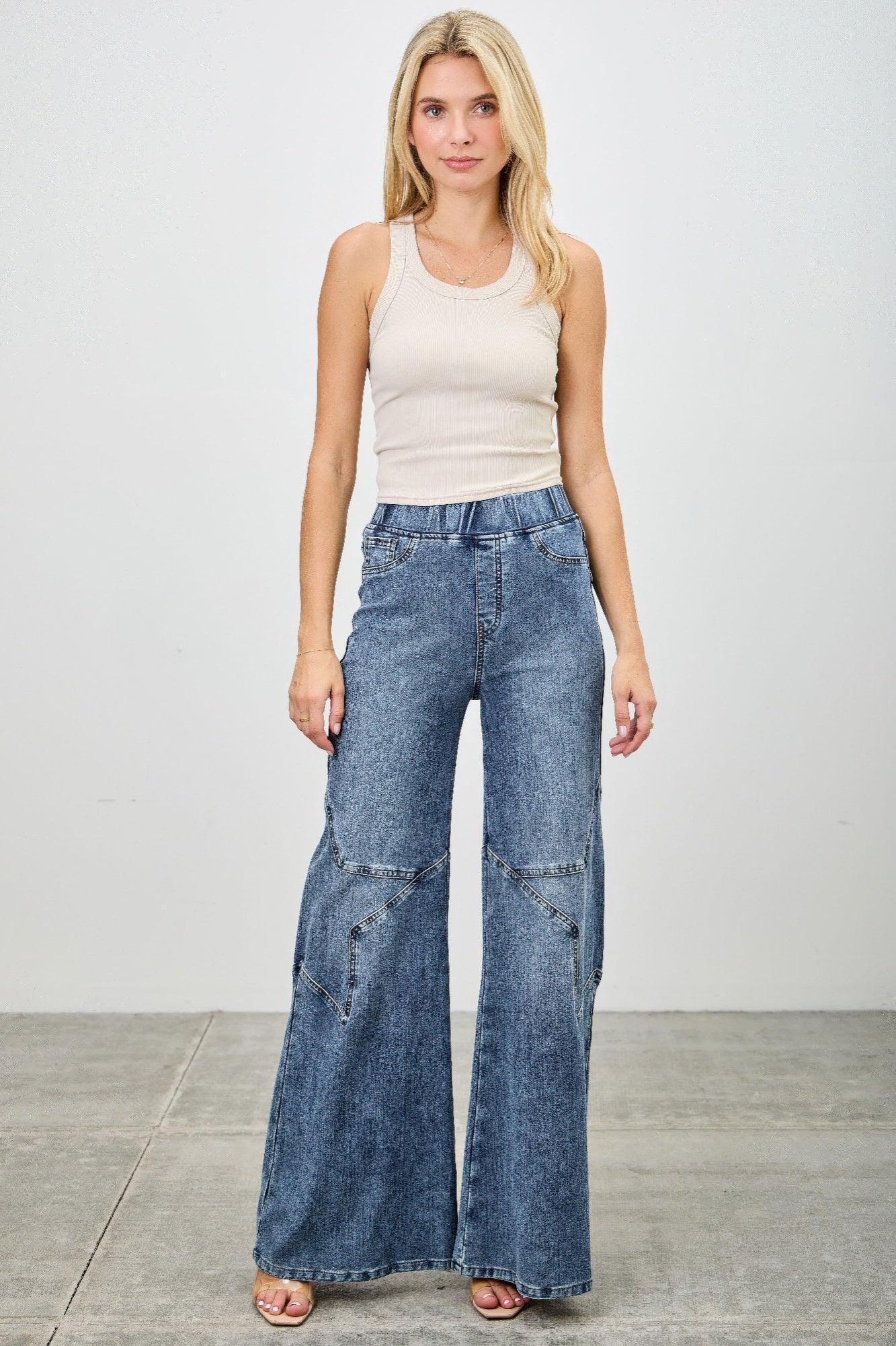 High Rise Star Pull On Knit Denim With Wide Leg | Mixtshop LLC