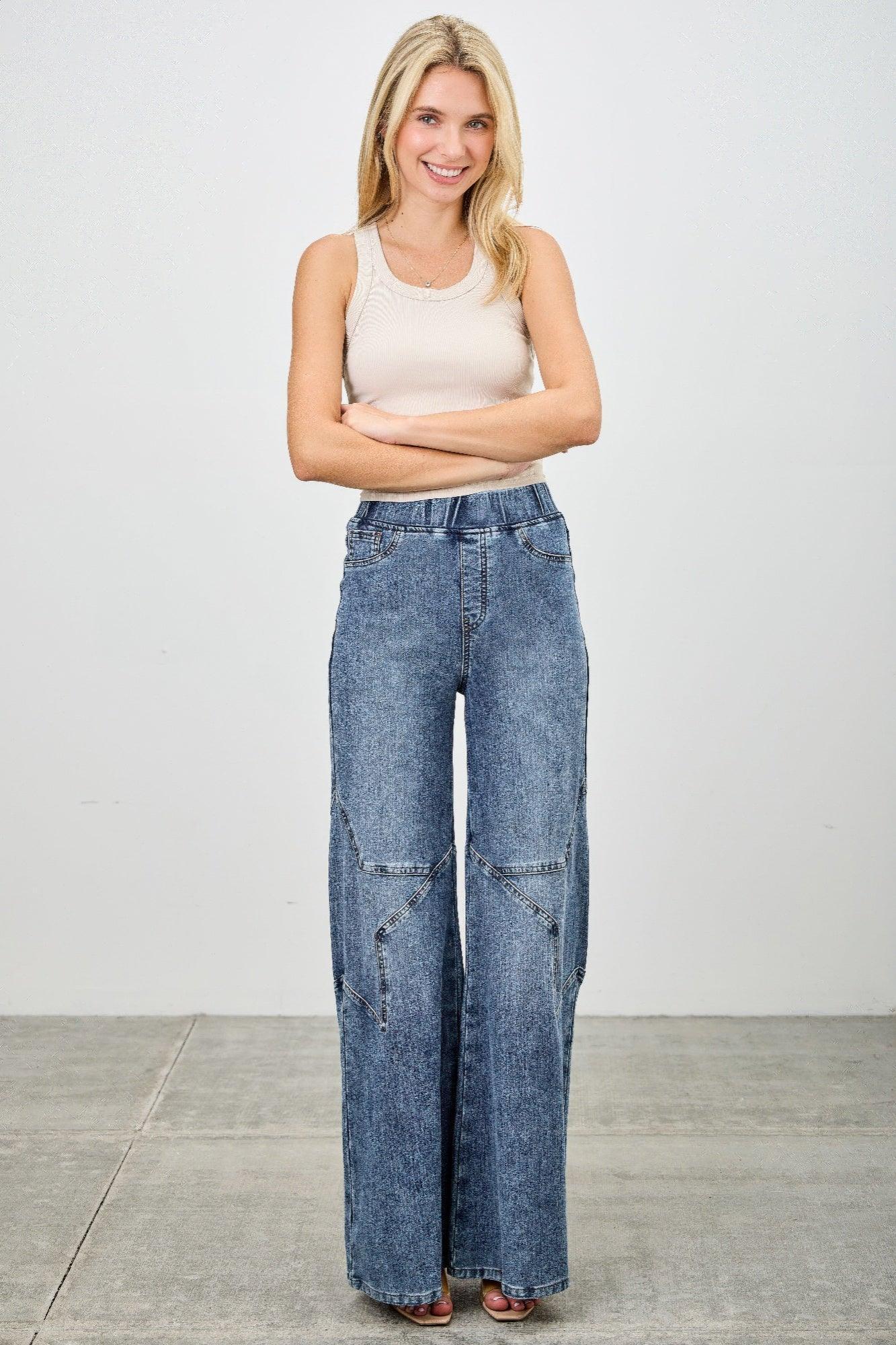 High Rise Star Pull On Knit Denim With Wide Leg | Mixtshop LLC