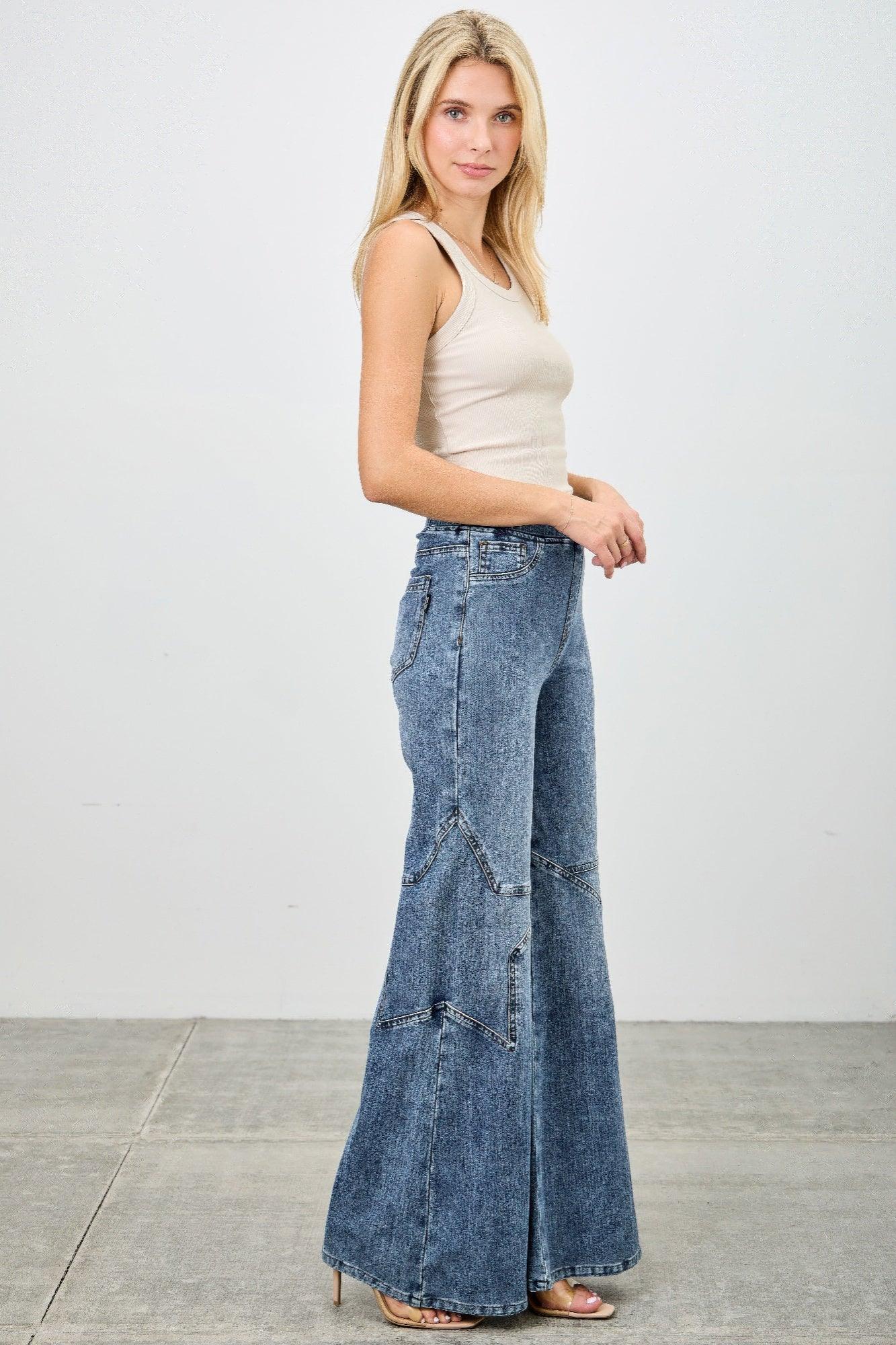 High Rise Star Pull On Knit Denim With Wide Leg | Mixtshop LLC