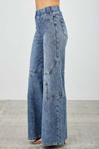 High Rise Star Pull On Knit Denim With Wide Leg | Mixtshop LLC