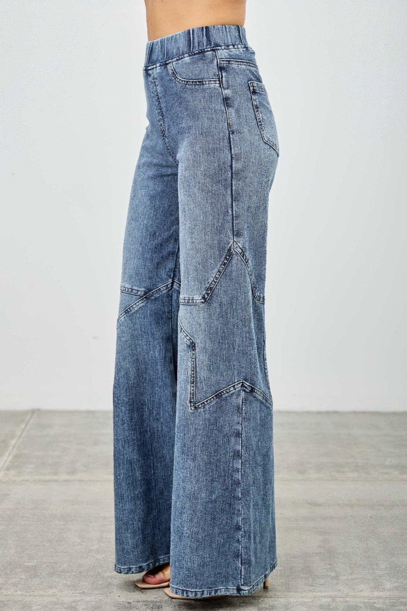 High Rise Star Pull On Knit Denim With Wide Leg | Mixtshop LLC