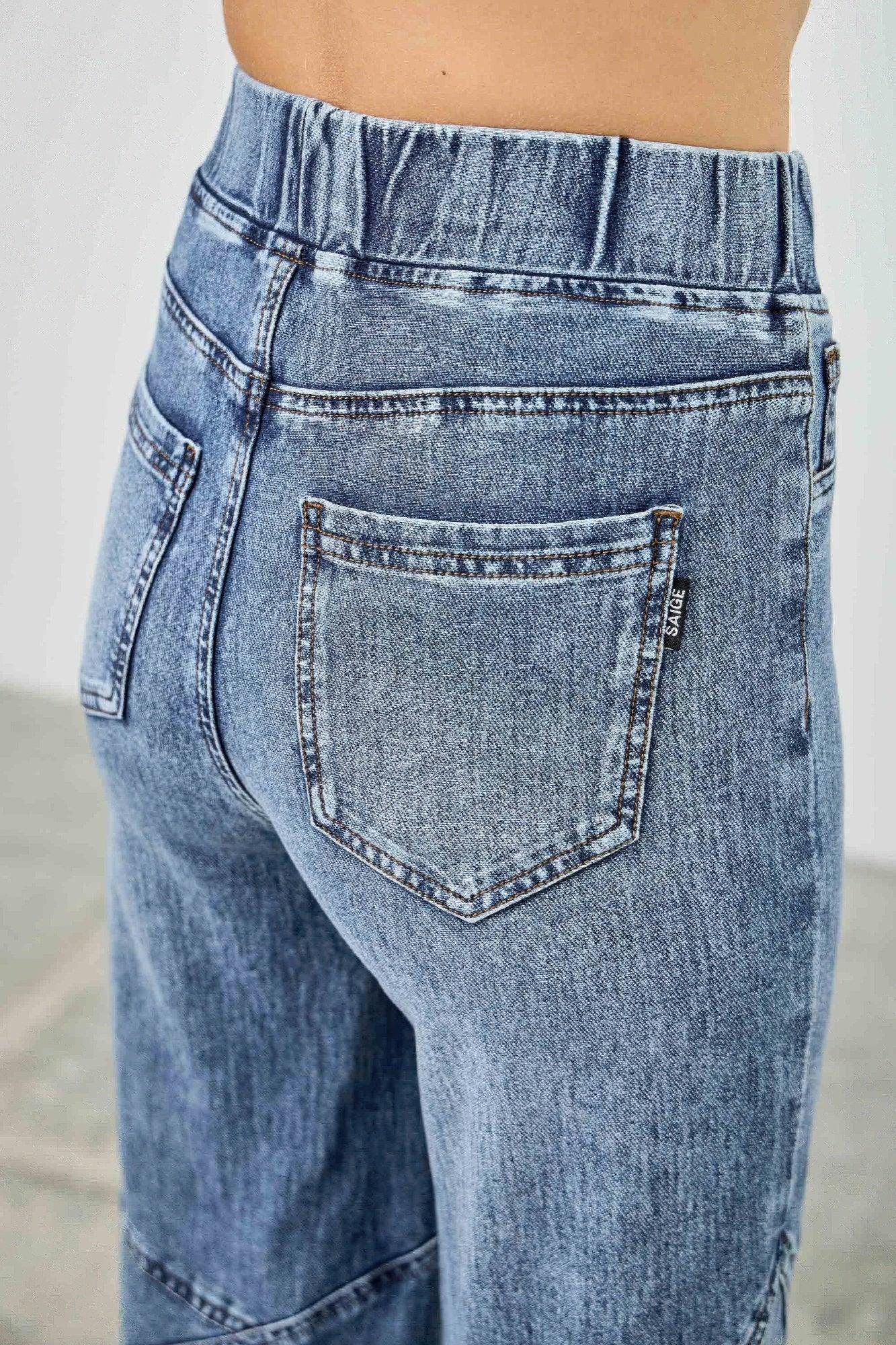 High Rise Star Pull On Knit Denim With Wide Leg | Mixtshop LLC