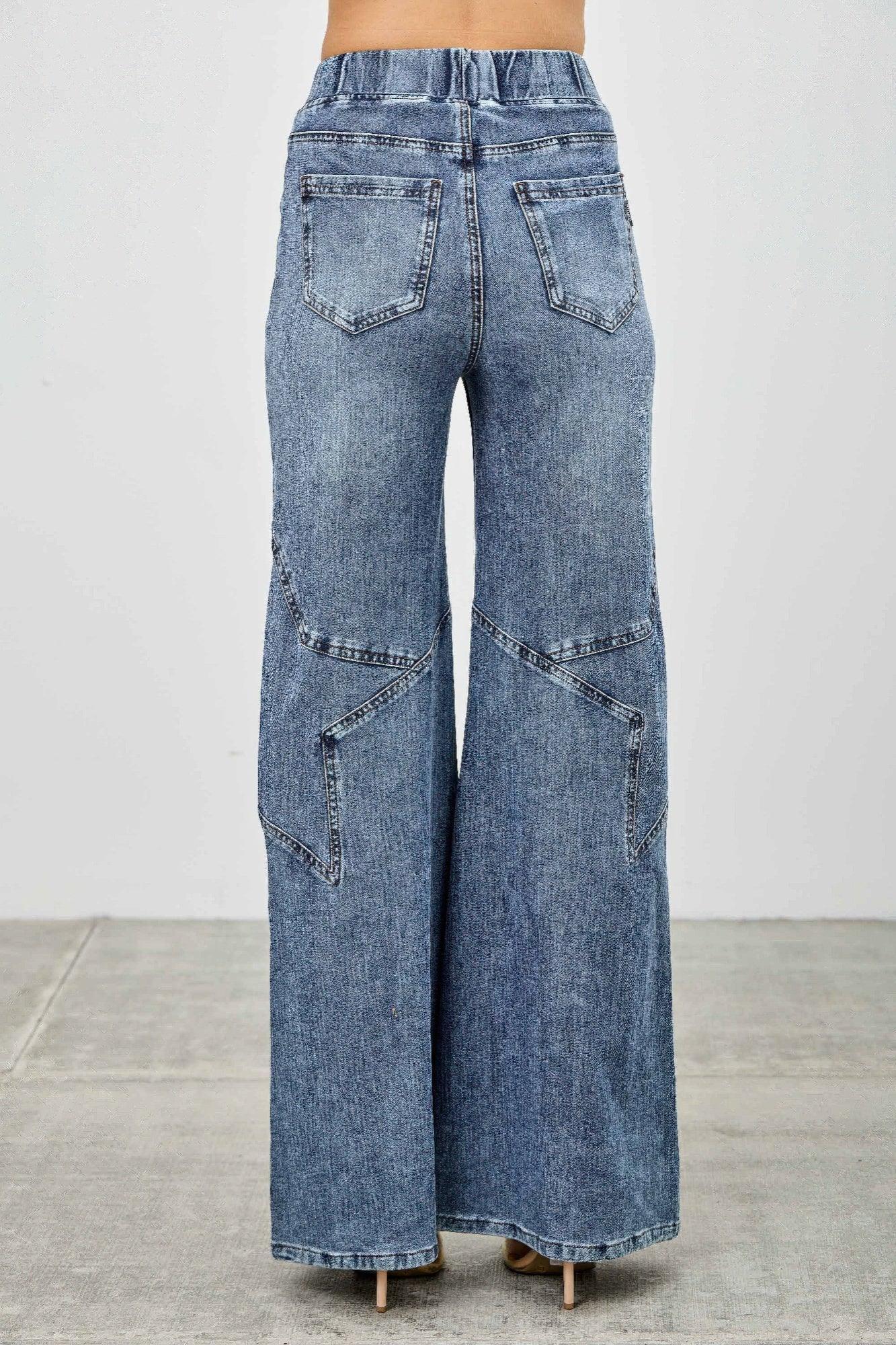 High Rise Star Pull On Knit Denim With Wide Leg | Mixtshop LLC