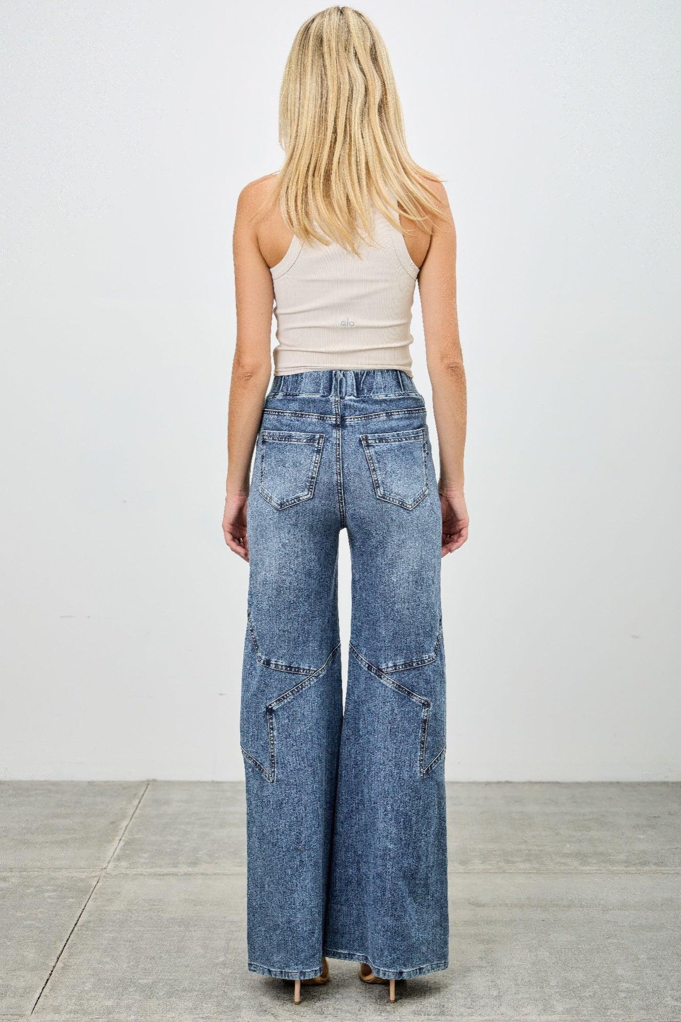 High Rise Star Pull On Knit Denim With Wide Leg | Mixtshop LLC