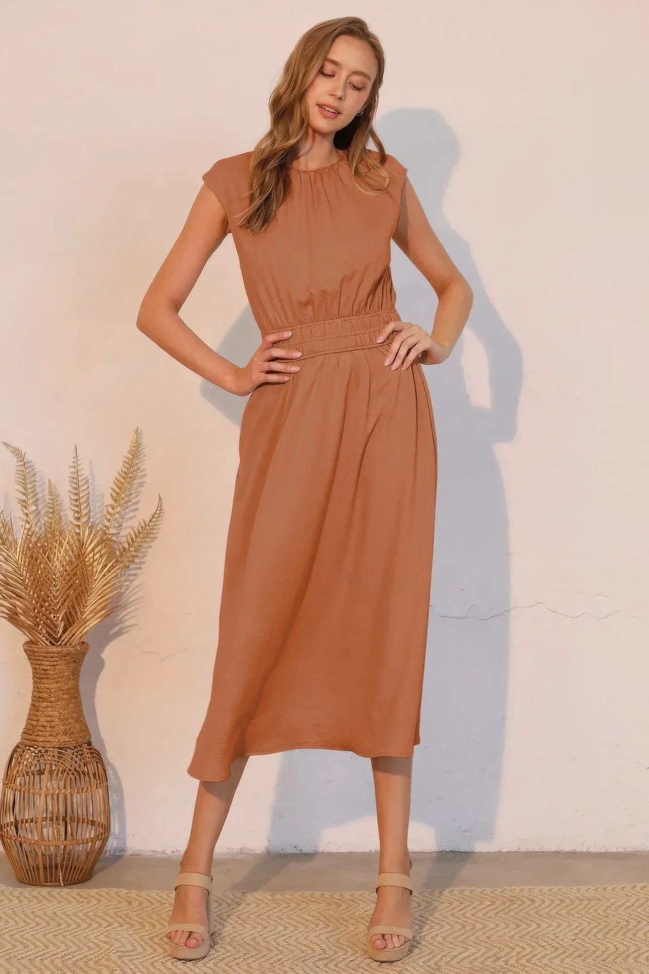 Matte Crepe Ruched Elastic Midi Dress | Mixtshop LLC