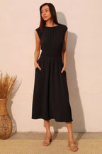 Matte Crepe Ruched Elastic Midi Dress | Mixtshop LLC