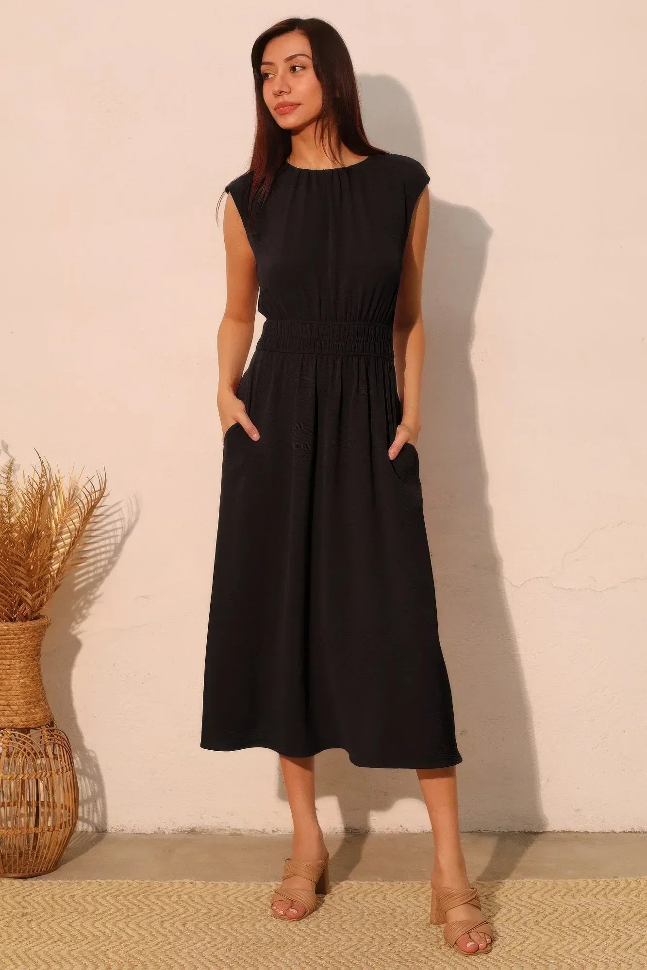 Matte Crepe Ruched Elastic Midi Dress | Mixtshop LLC