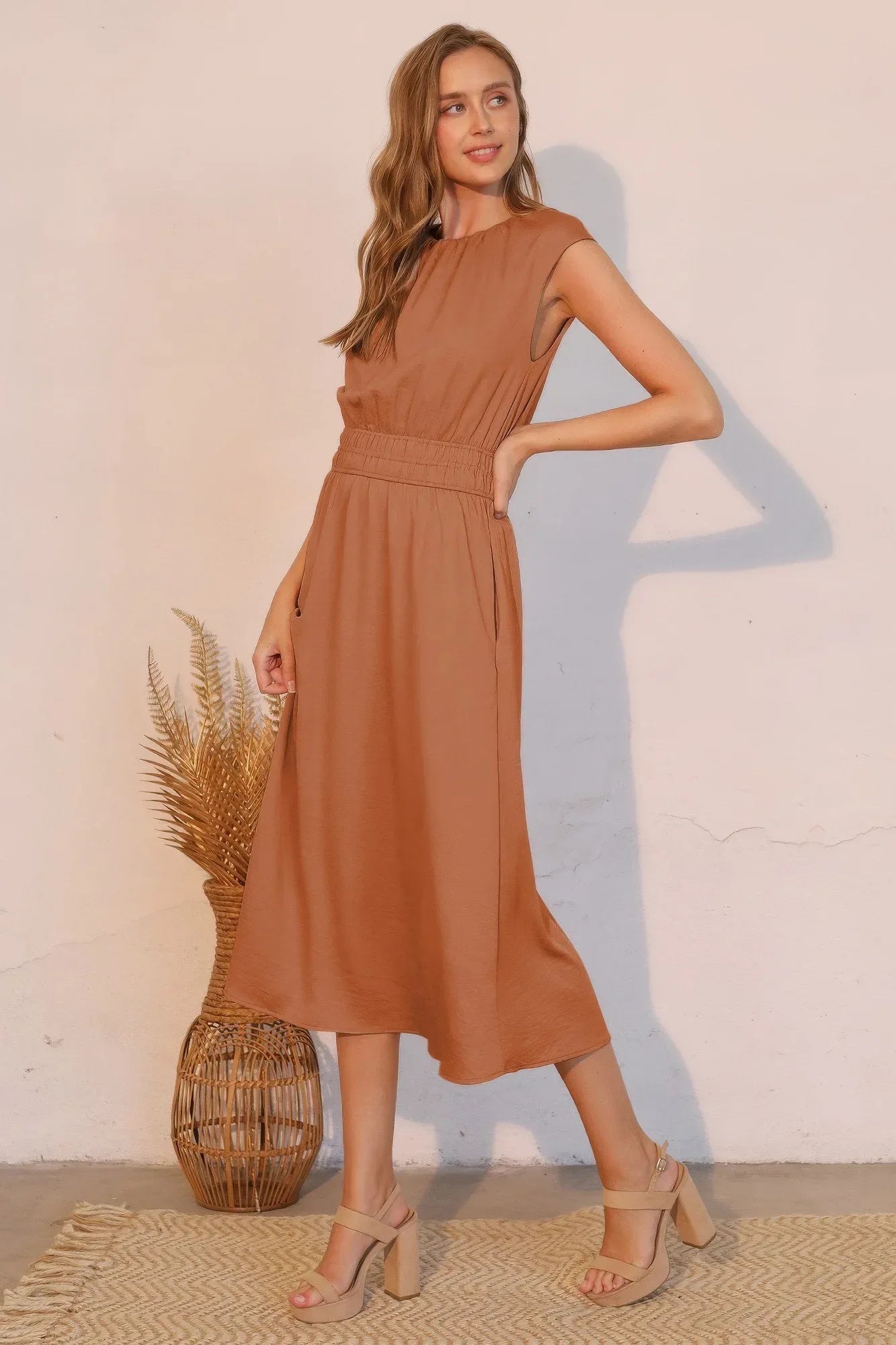 Matte Crepe Ruched Elastic Midi Dress | Mixtshop LLC