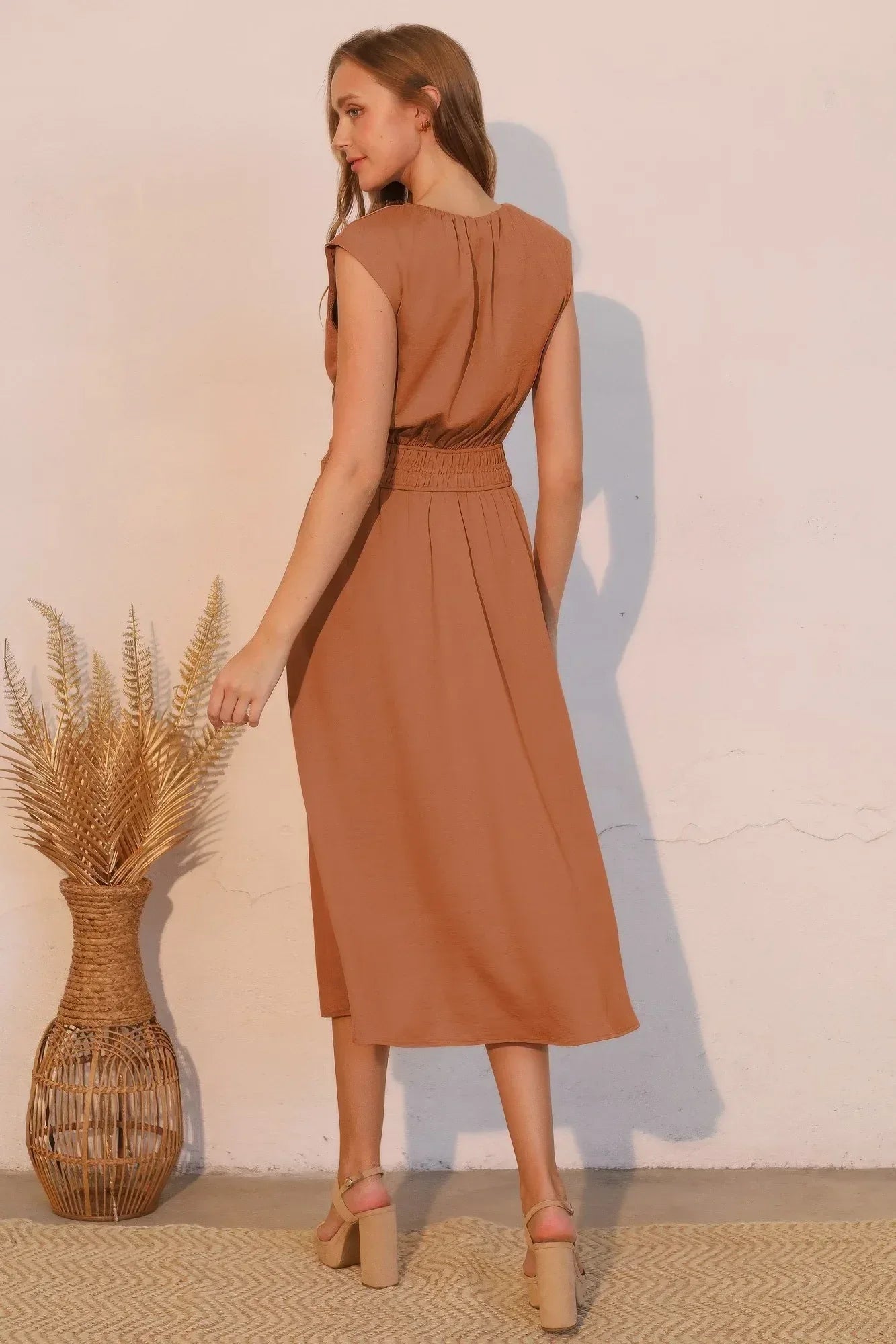 Matte Crepe Ruched Elastic Midi Dress | Mixtshop LLC