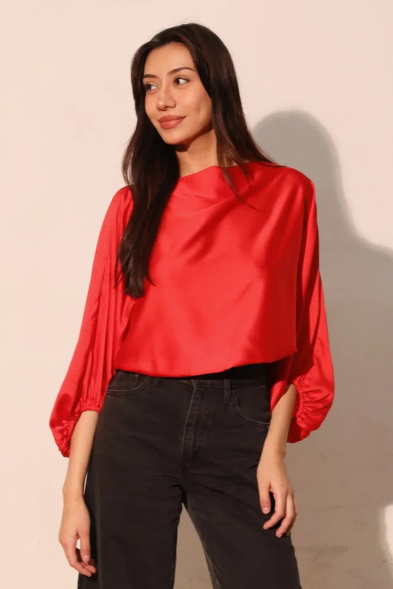 Silky Satin Boat Neck Blouson Top | Mixtshop LLC
