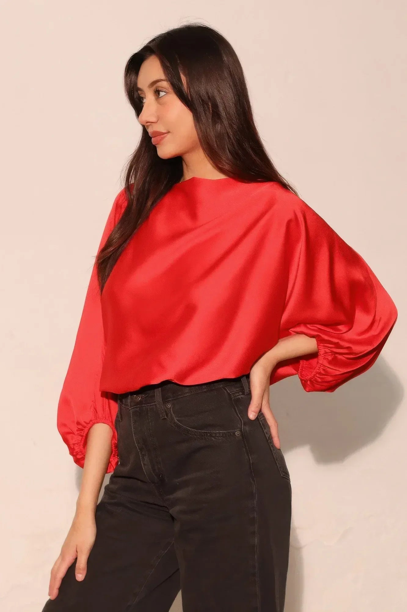 Silky Satin Boat Neck Blouson Top | Mixtshop LLC