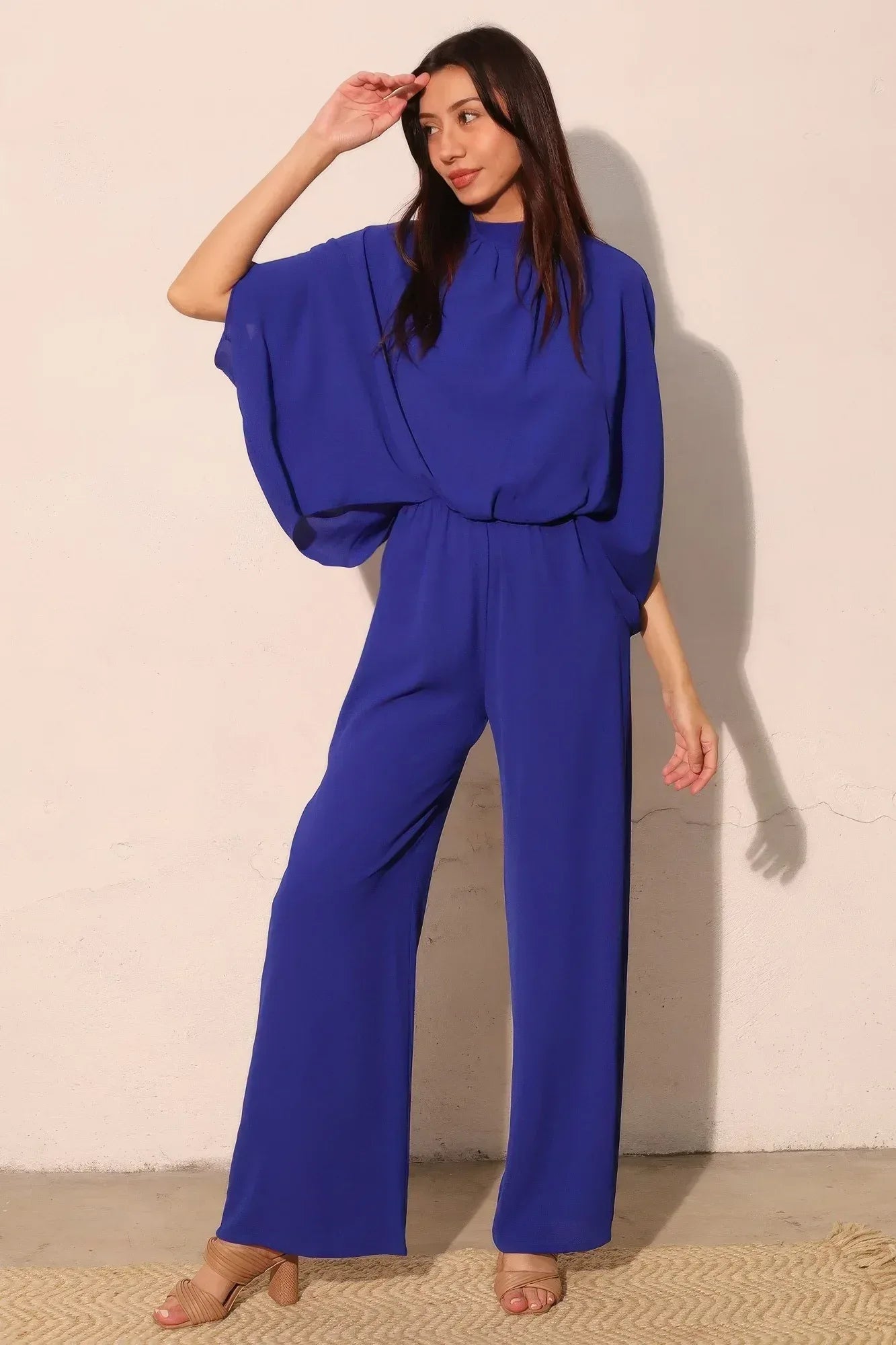 Textured Solid Mock Neck Caftan Jumpsuit | Mixtshop LLC