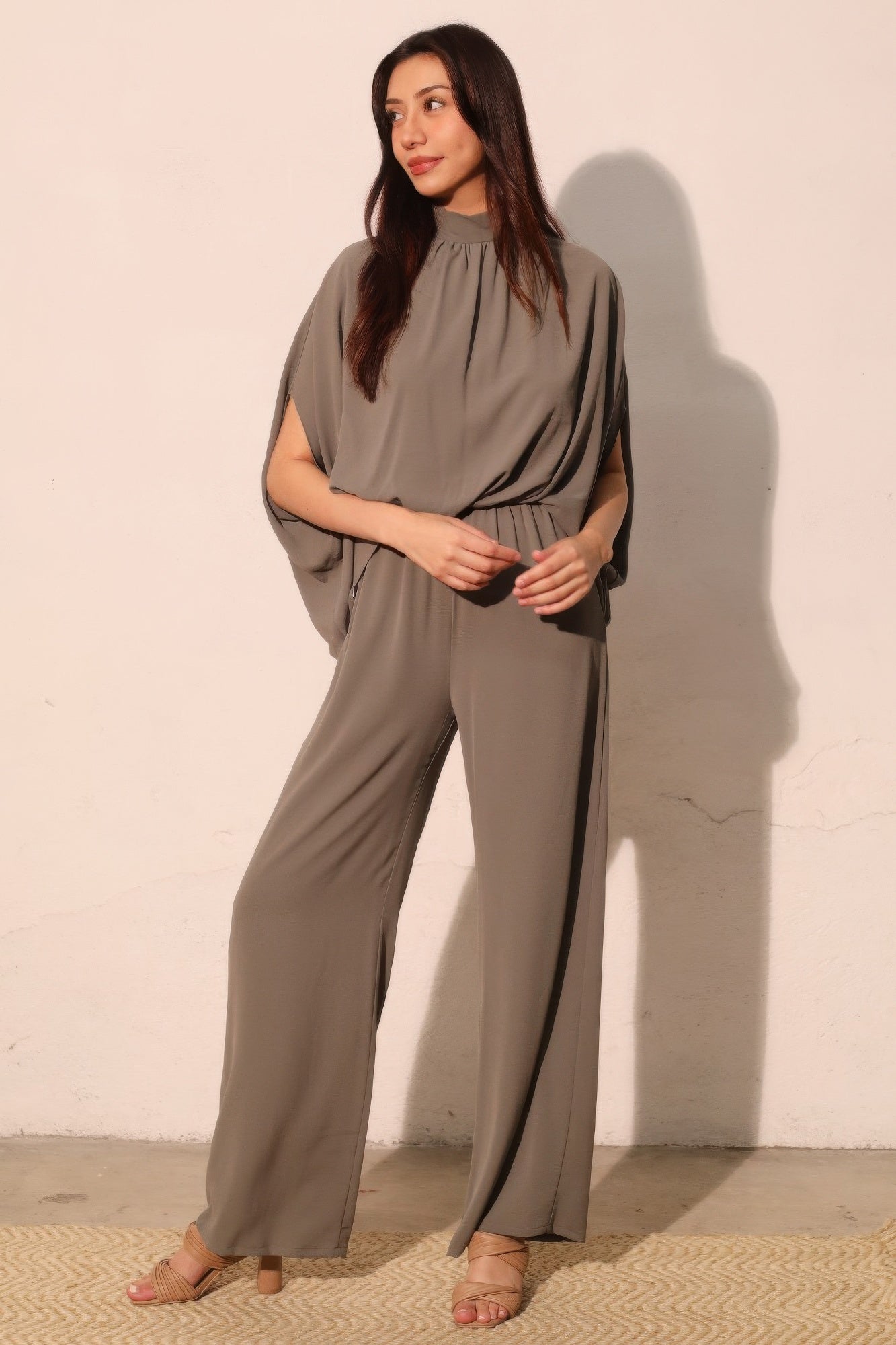 Textured Solid Mock Neck Caftan Jumpsuit Secondary image