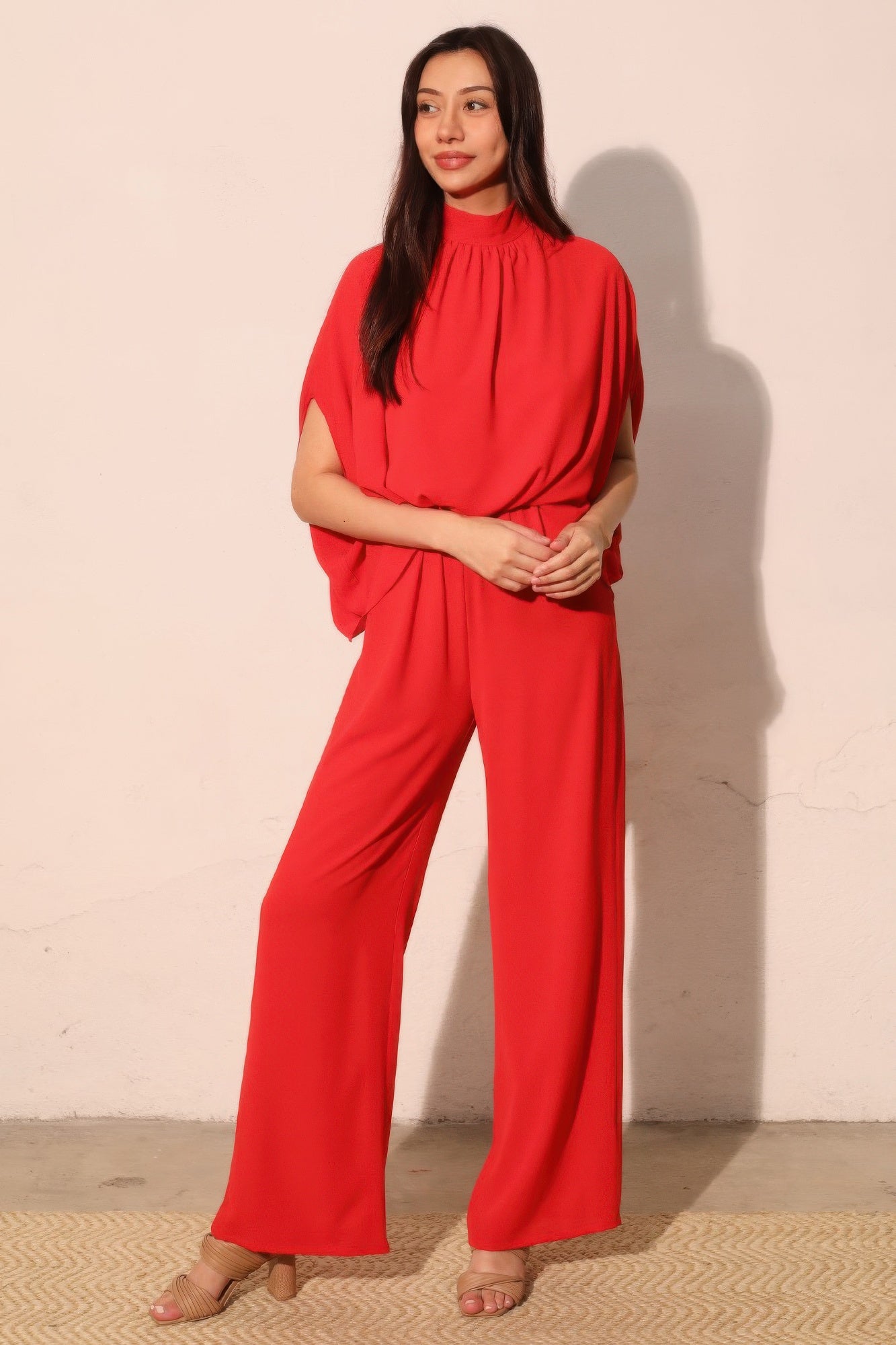 Textured Solid Mock Neck Caftan Jumpsuit Secondary image