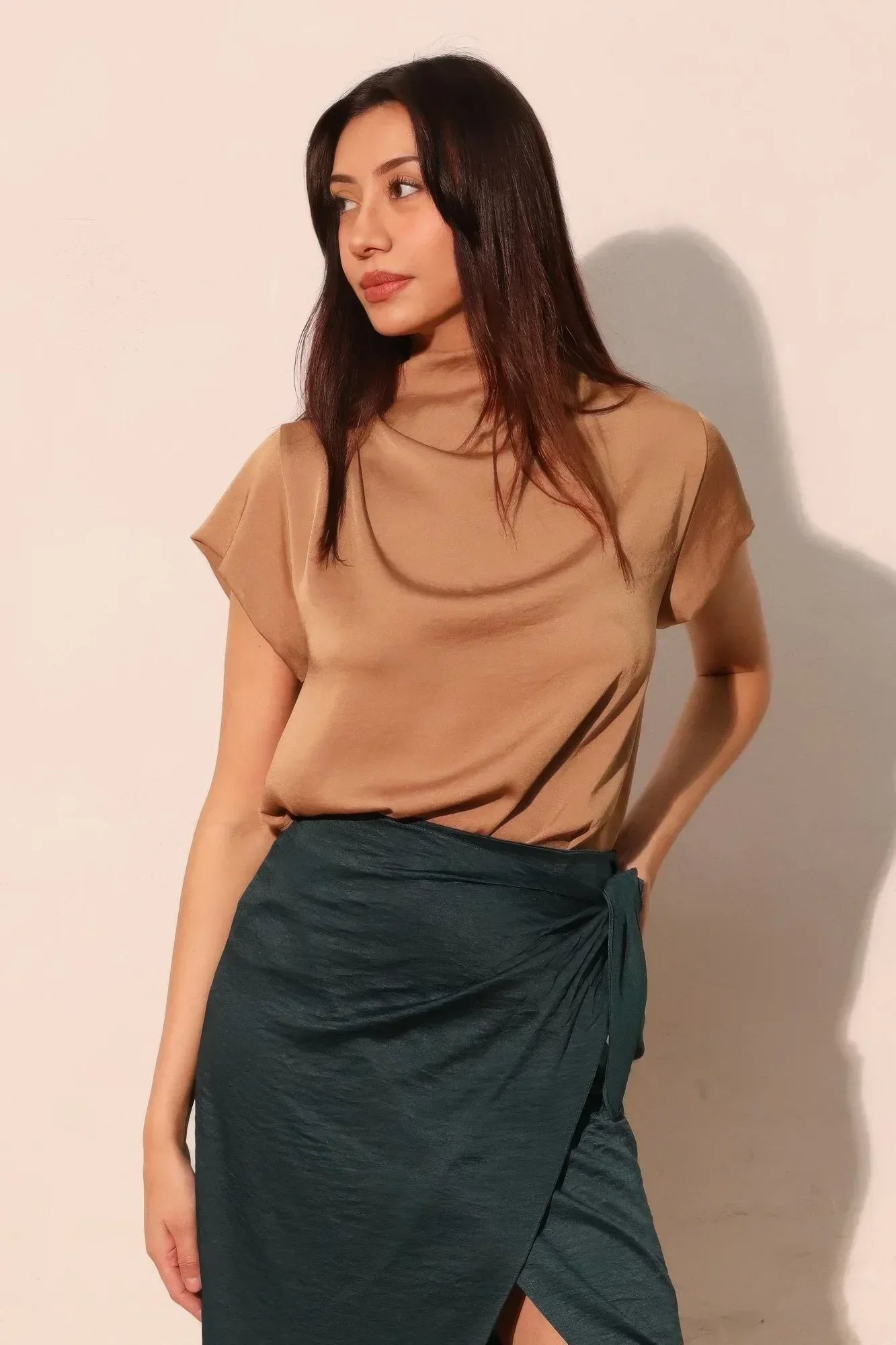 Washed Poly Silk High Neck Short Sleeve Top | Mixtshop LLC