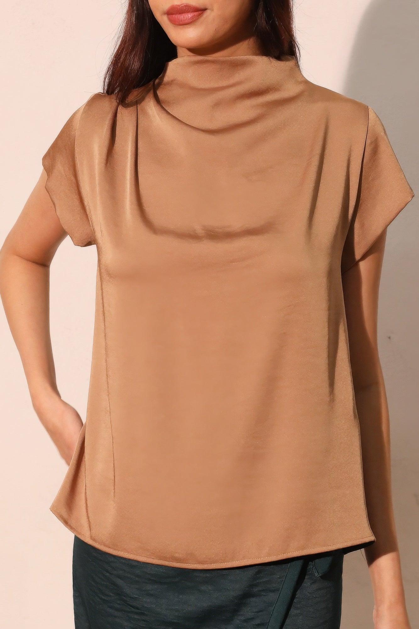 Washed Poly Silk High Neck Short Sleeve Top | Mixtshop LLC