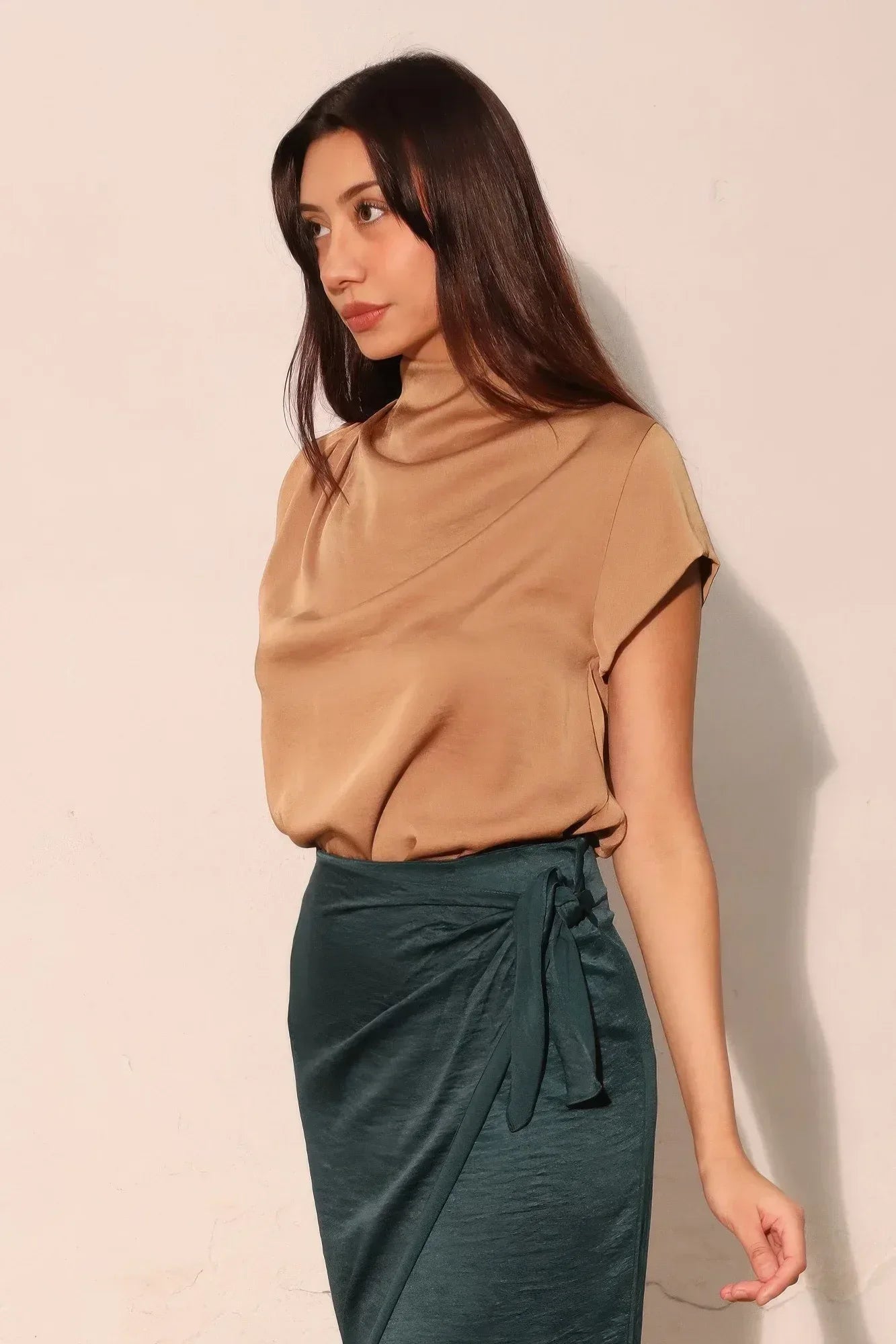 Washed Poly Silk High Neck Short Sleeve Top | Mixtshop LLC