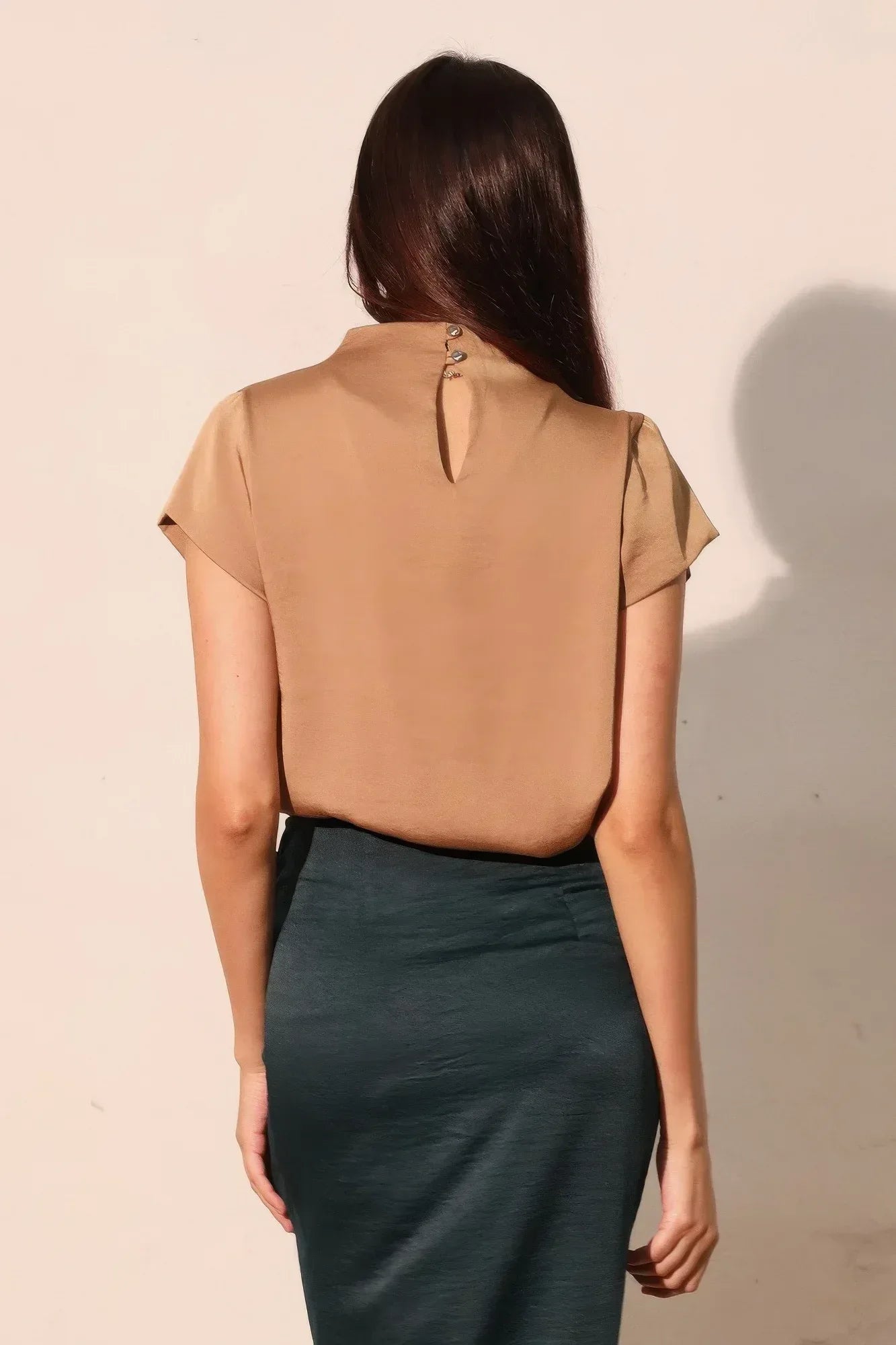 Washed Poly Silk High Neck Short Sleeve Top | Mixtshop LLC