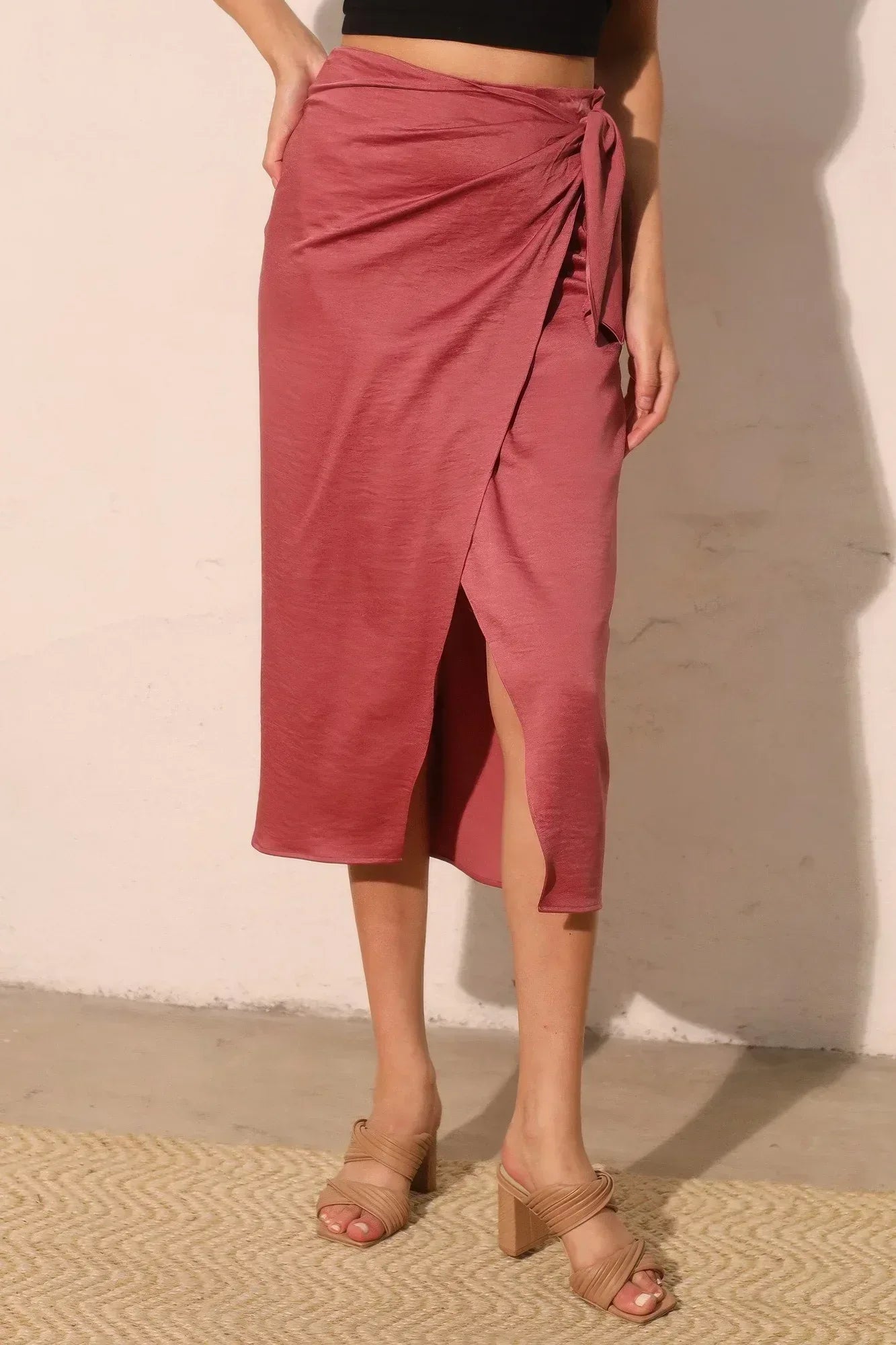 Washed Satin Crepe Side Wrap Midi Skirt | Mixtshop LLC Main image