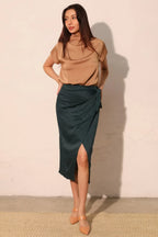 Washed Satin Crepe Side Wrap Midi Skirt | Mixtshop LLC