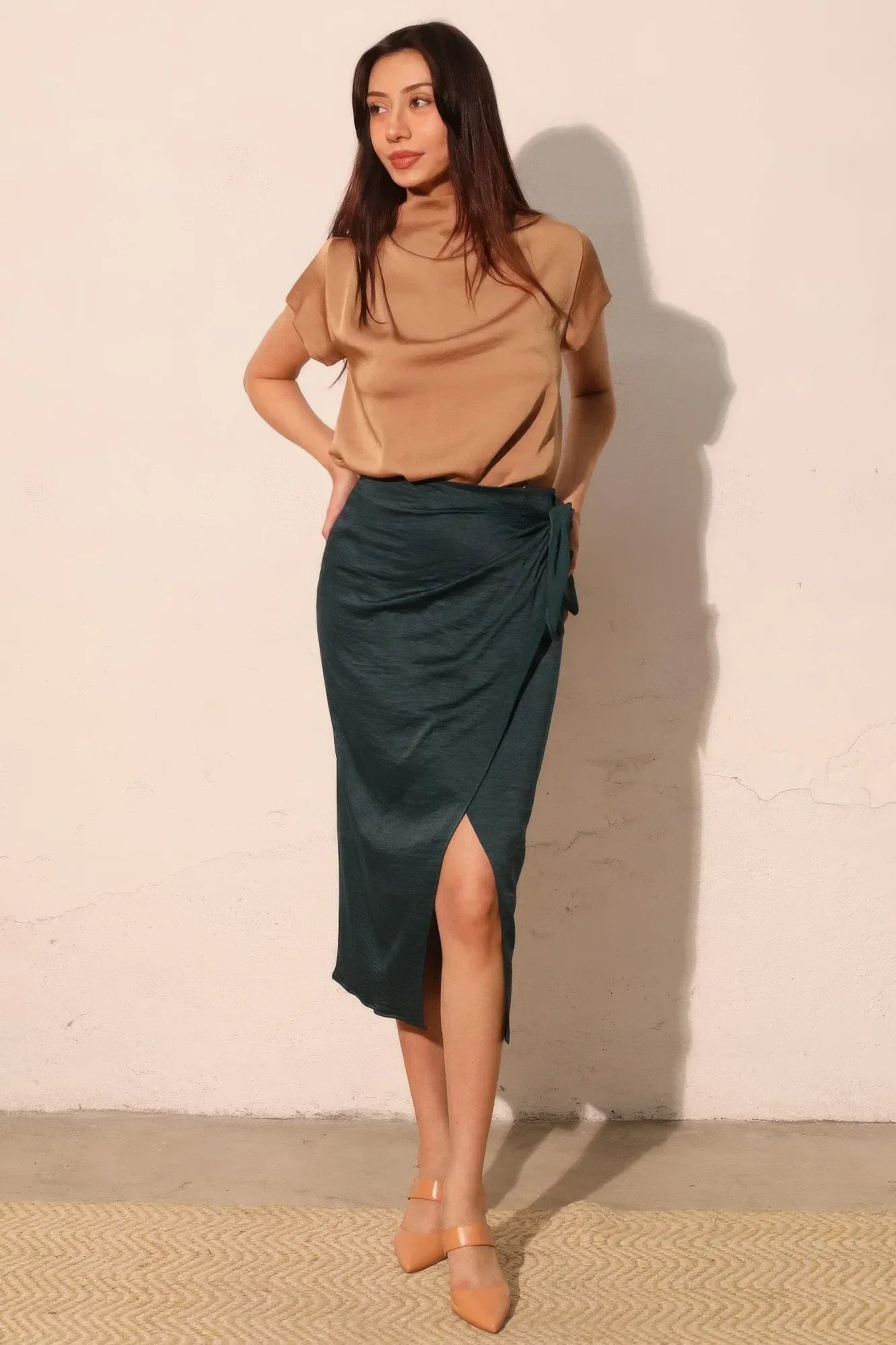 Washed Satin Crepe Side Wrap Midi Skirt | Mixtshop LLC