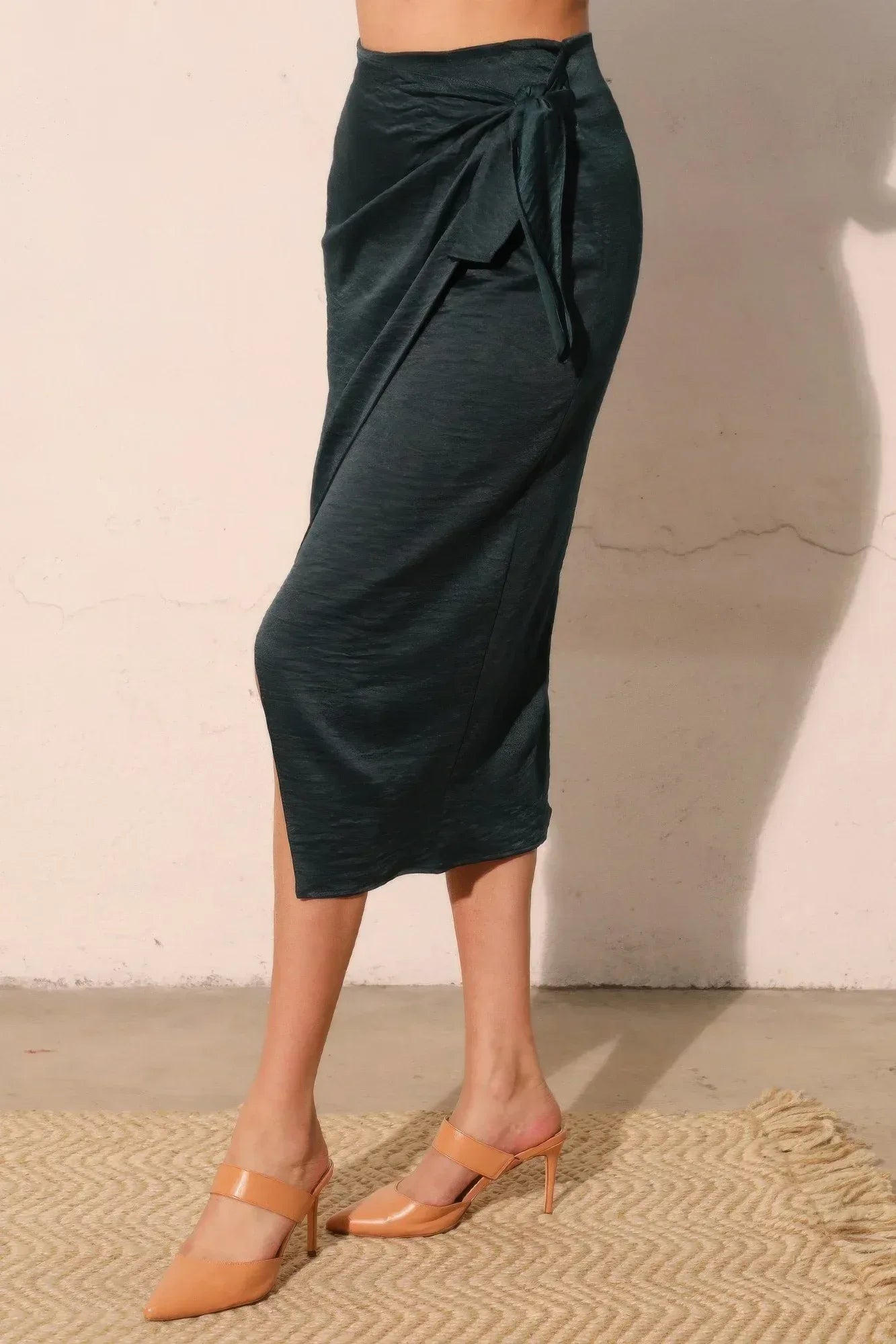 Washed Satin Crepe Side Wrap Midi Skirt | Mixtshop LLC