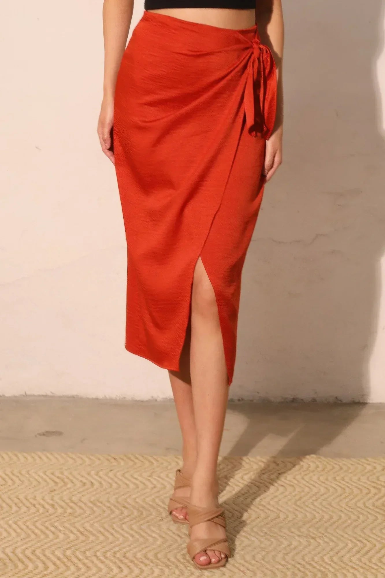 Washed Satin Crepe Side Wrap Midi Skirt | Mixtshop LLC Main image