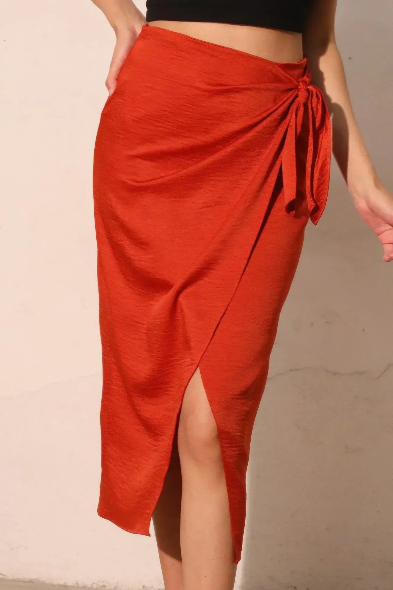 Washed Satin Crepe Side Wrap Midi Skirt | Mixtshop LLC