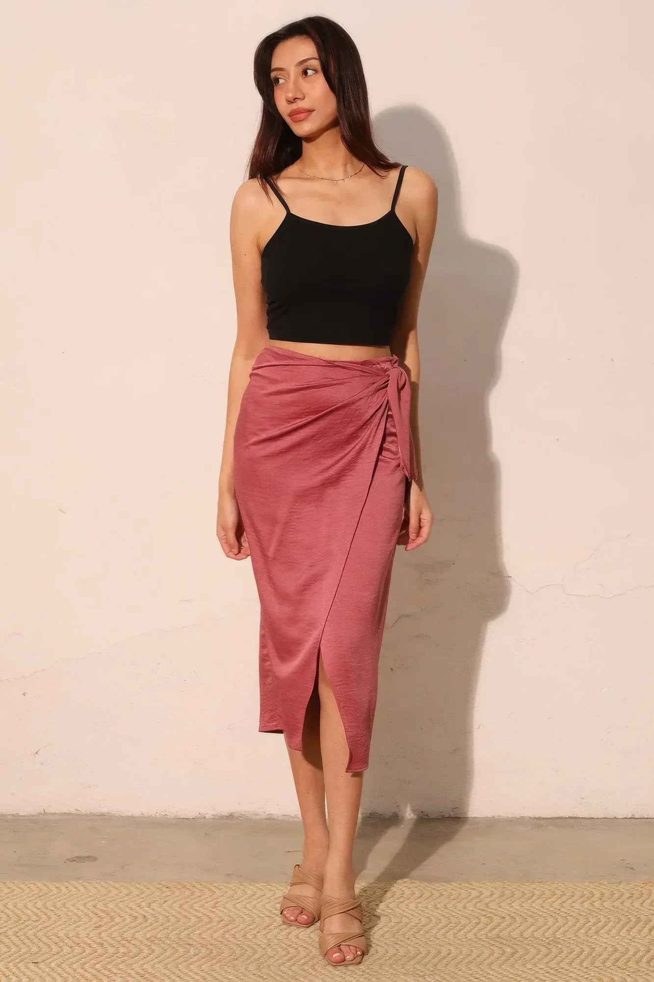 Washed Satin Crepe Side Wrap Midi Skirt | Mixtshop LLC