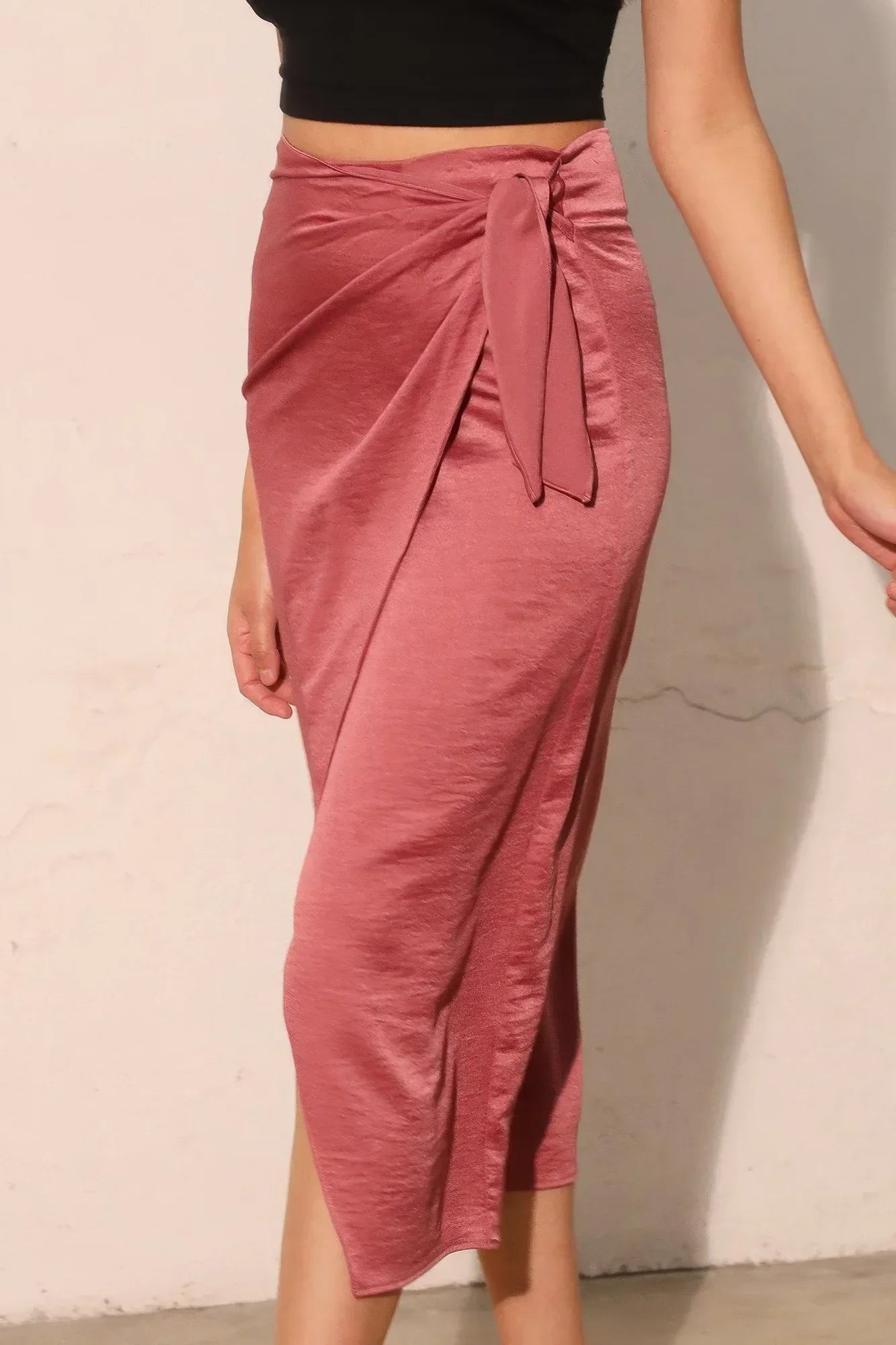 Washed Satin Crepe Side Wrap Midi Skirt | Mixtshop LLC