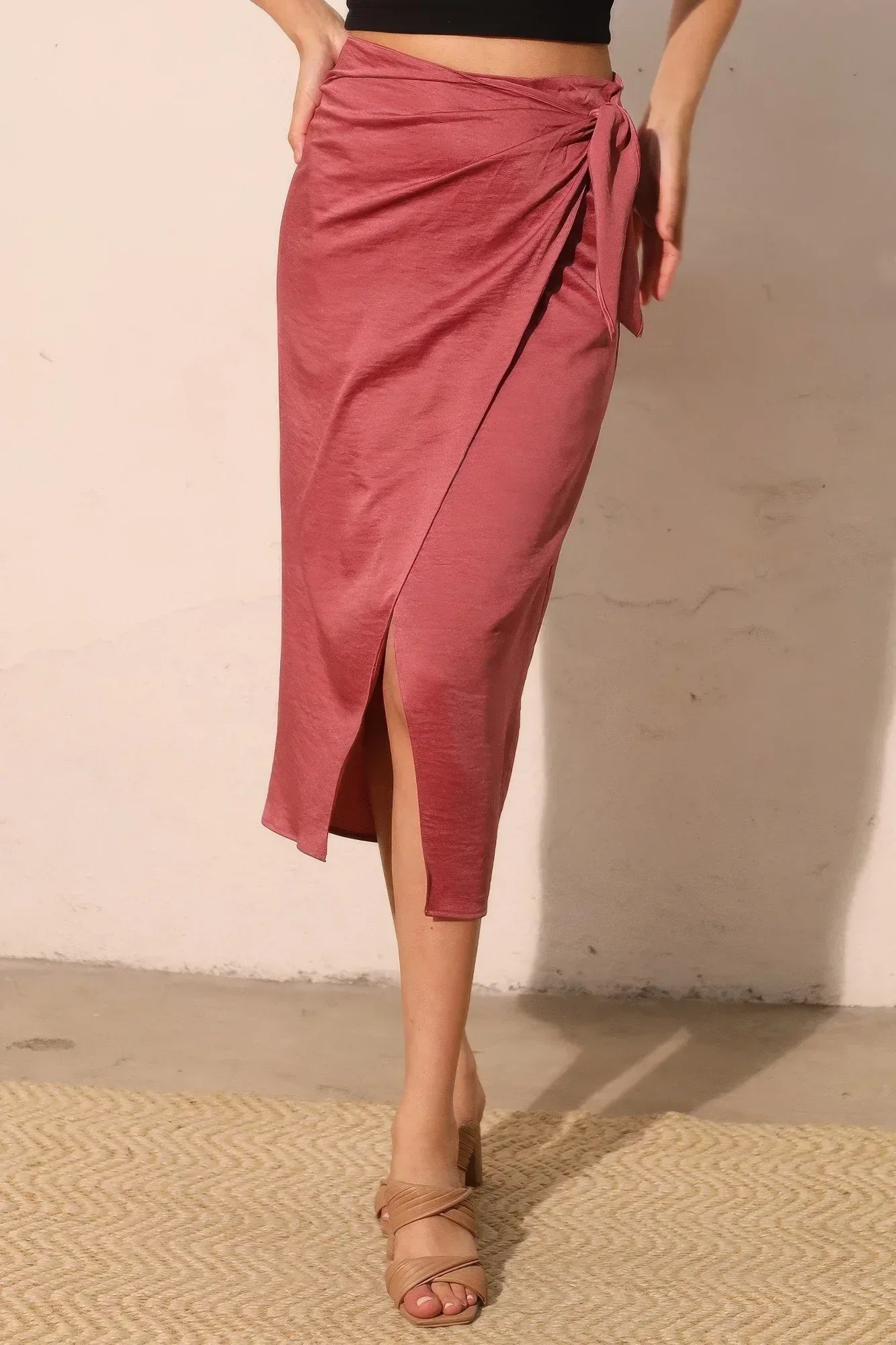 Washed Satin Crepe Side Wrap Midi Skirt | Mixtshop LLC
