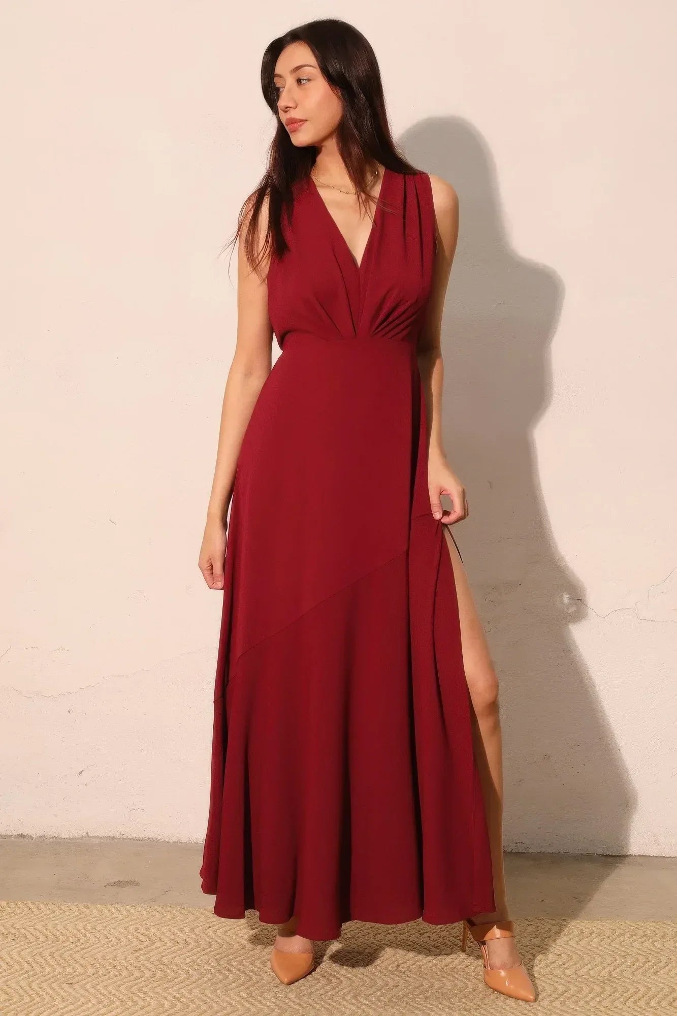 Textured Solid V-neck Maxi Dress | Mixtshop LLC