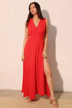 Textured Solid V-neck Maxi Dress | Mixtshop LLC