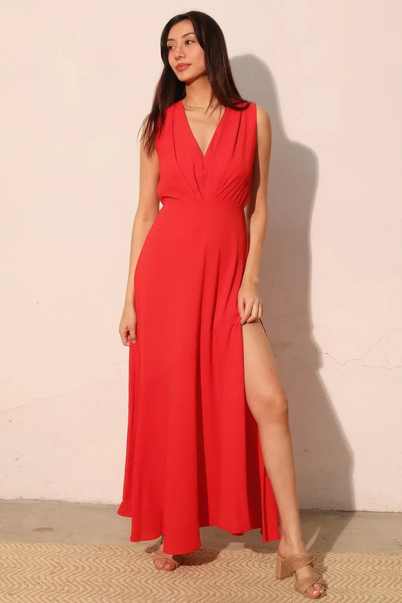 Textured Solid V-neck Maxi Dress | Mixtshop LLC